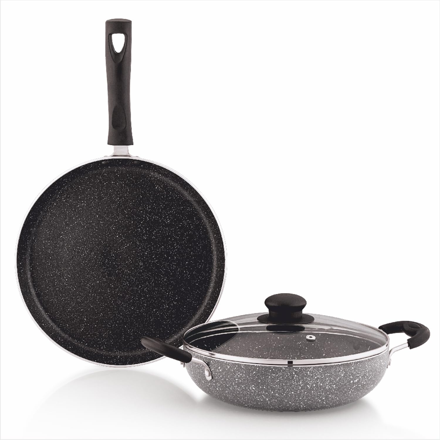 Amazon Brand - Solimo Aluminium 3 Piece Non-Stick Cookware Set|Granite Finish|Induction Base|Pfoa Free|High Temperature Resistant Exterior Coating|25 Cm Tawa,22 Cm Kadai,1 Glass Lid|Grey-image-20