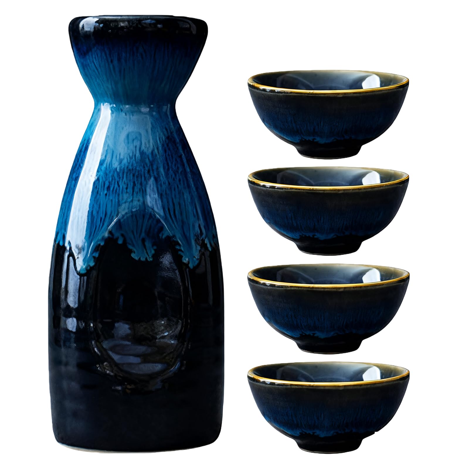 Juego de Sake Japonés de Cerámica, 5 Piezas Sake Set, Sake de Cerámica Japonesa Tradicionales, jarra de sake con 4 tazas de sake, Ideal para el hogar, el salón de té, la oficina y el restaurante