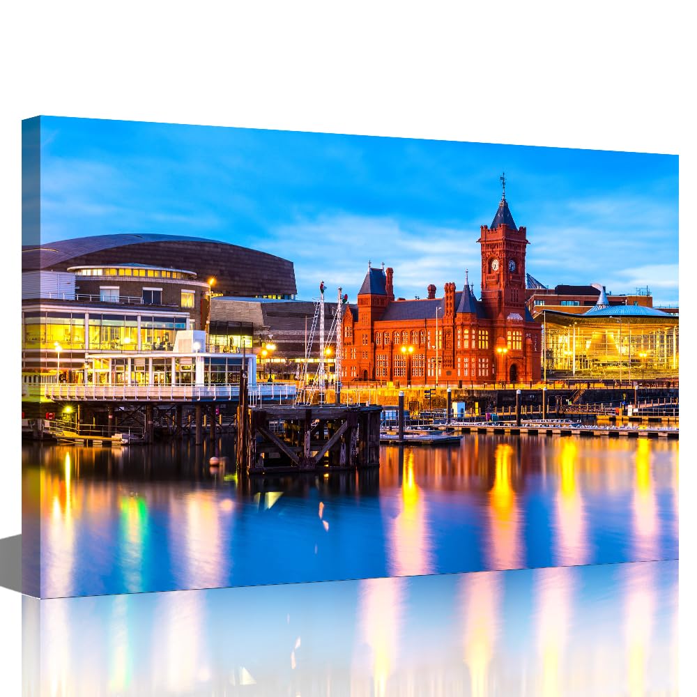 TISHIRON Wall Decor Living Room Modern City Cardiff Skyline Pictures England Canvas Wall Art for Bedroom Poster for Office Farmhouse Wood Framed Night Scene Prints Paintings for Home Decor 12x18 in — image 1