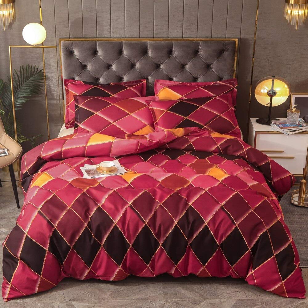 Parure de lit nordique rouge motif géométrique diamant housse couette 200x230 taie oreiller 3D