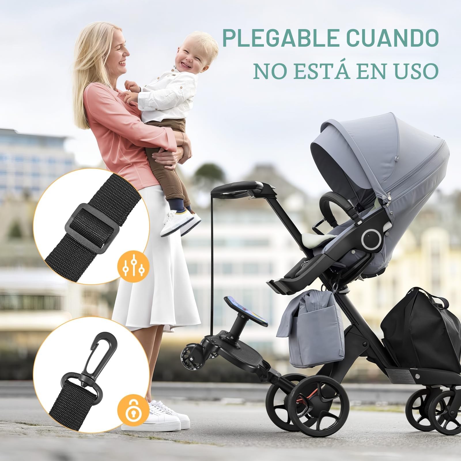 Patinete Carro Bebe Universal, Tabla para Cochecito con Asiento Estampado, Buggy Board con Ruedas Intermitentes, Compatible con Más del 99% de Los Cochecitos, Cargar 25KG