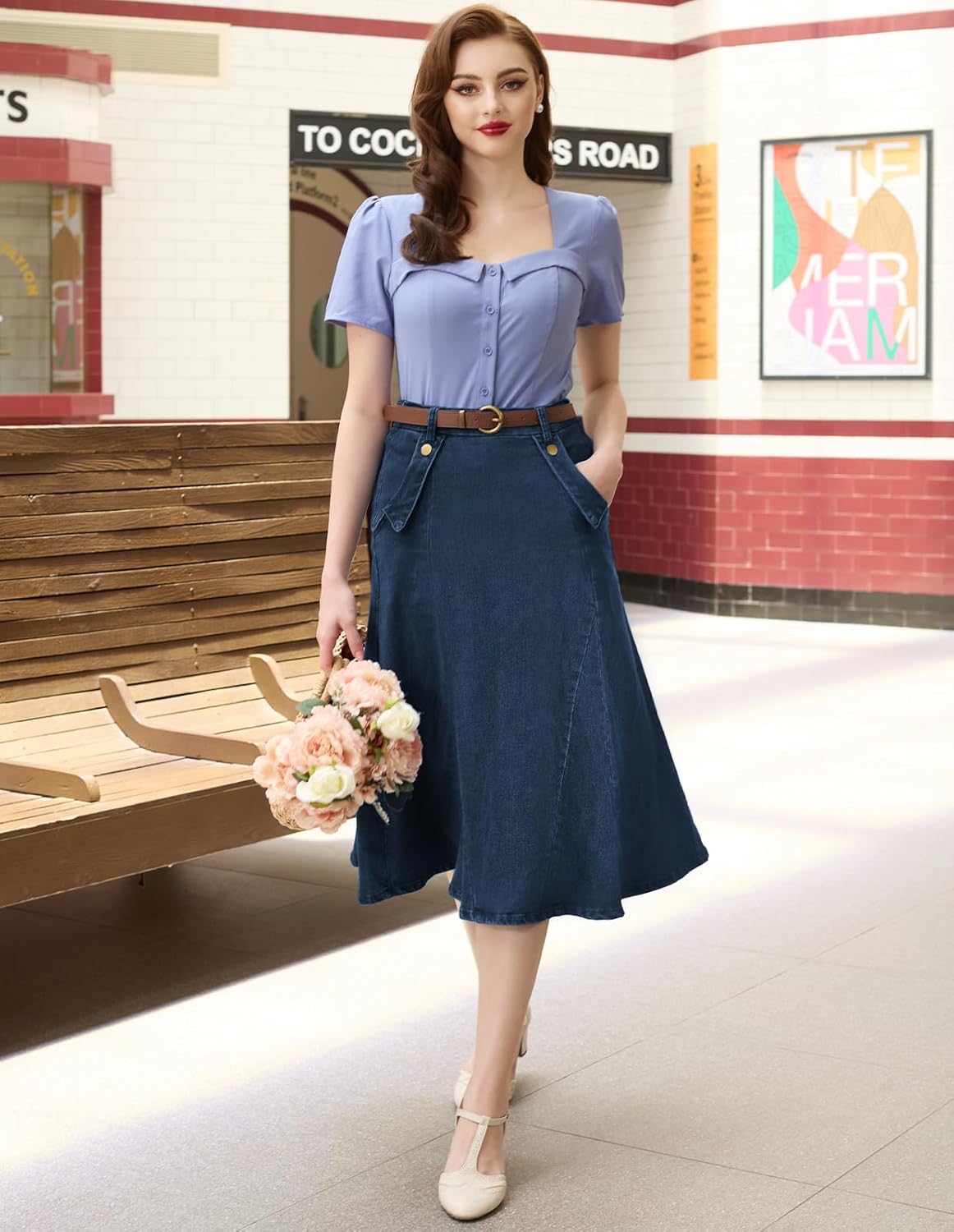 Belle Poque Women's Denim Skirts Vintage Elastic High Waist A-Line Long Maxi Jean Skirts with Pockets - Image 2