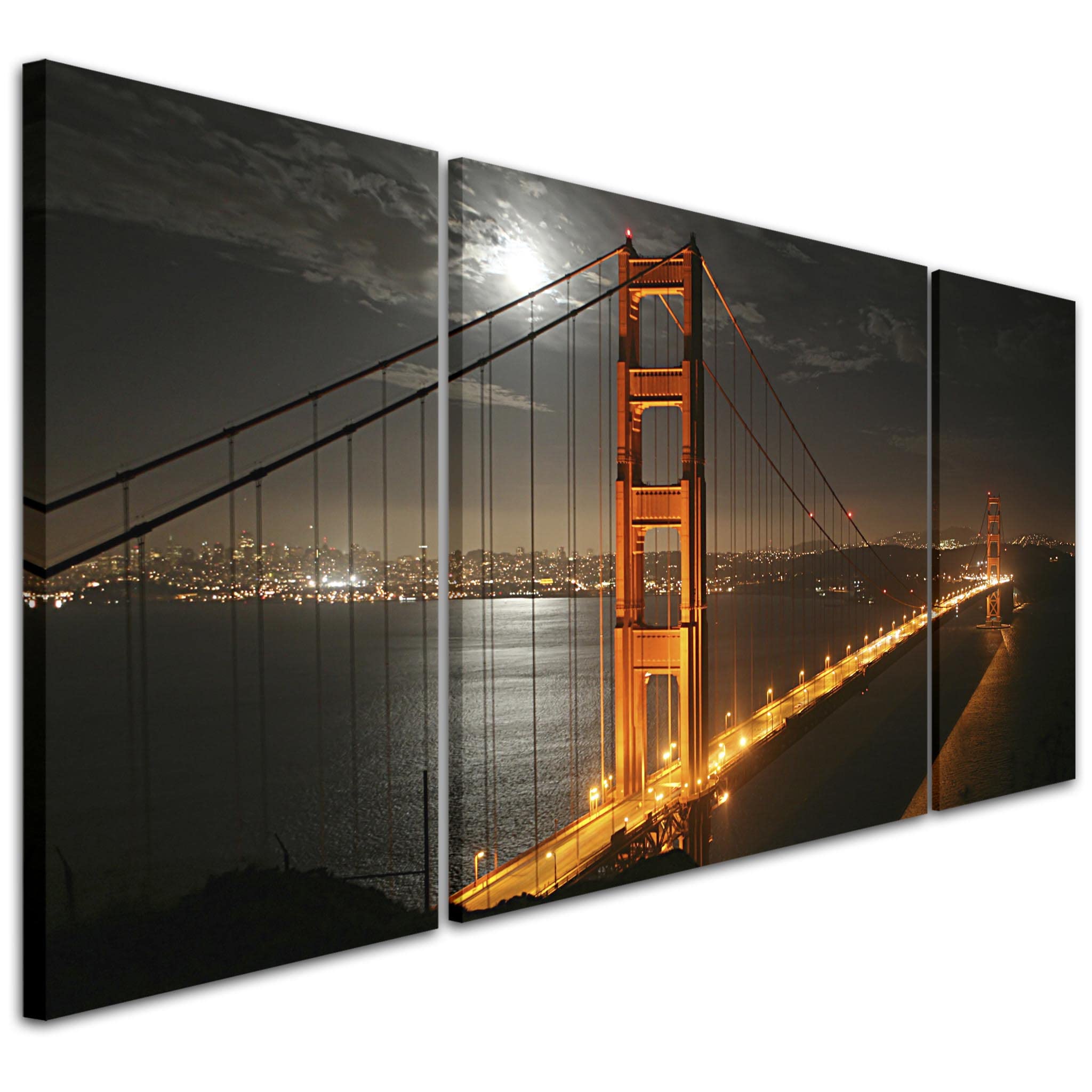 Wallfillers Golden Cheap Canvas Prints Of The Gate Bridge San Francisco At Night - Cityscape Wall Art - 3Ac038 Xxl - 191X65cm