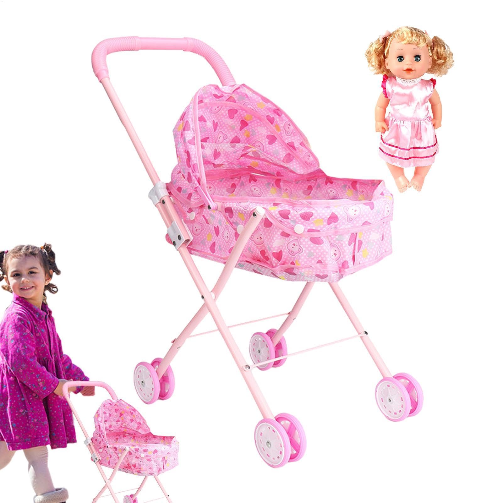 Babypuppenwagen, Puppenbuggy für Kinder, Puppenbuggy, Faltbarer und Leichter Puppenbuggy mit Korb, Puppenbuggy für Rollenspiele