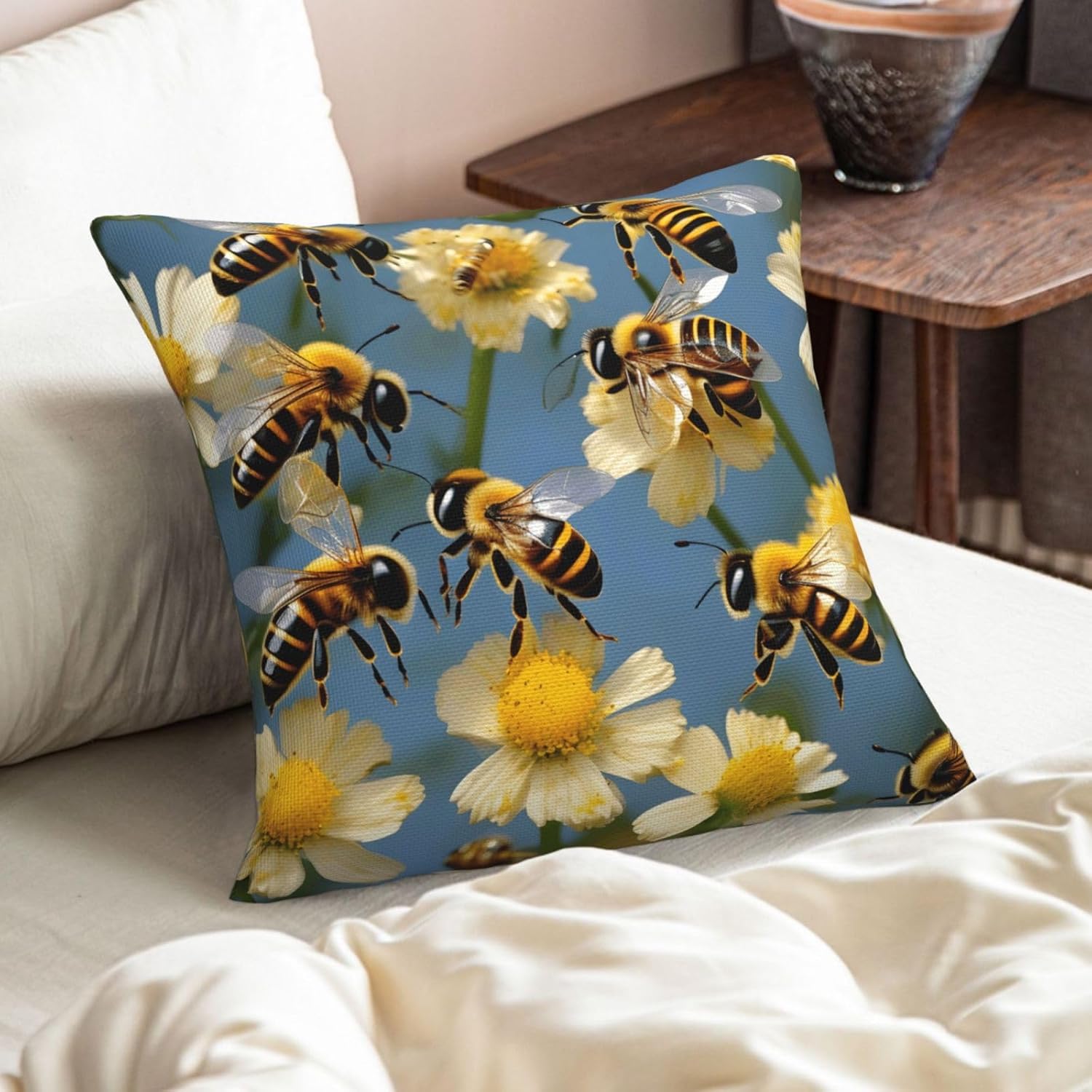 Honey Bees Flowers Imitation Linen Pillowcase -2 Sets, Fashionable Home Decoration, Used for Sofas, Gardens, beds