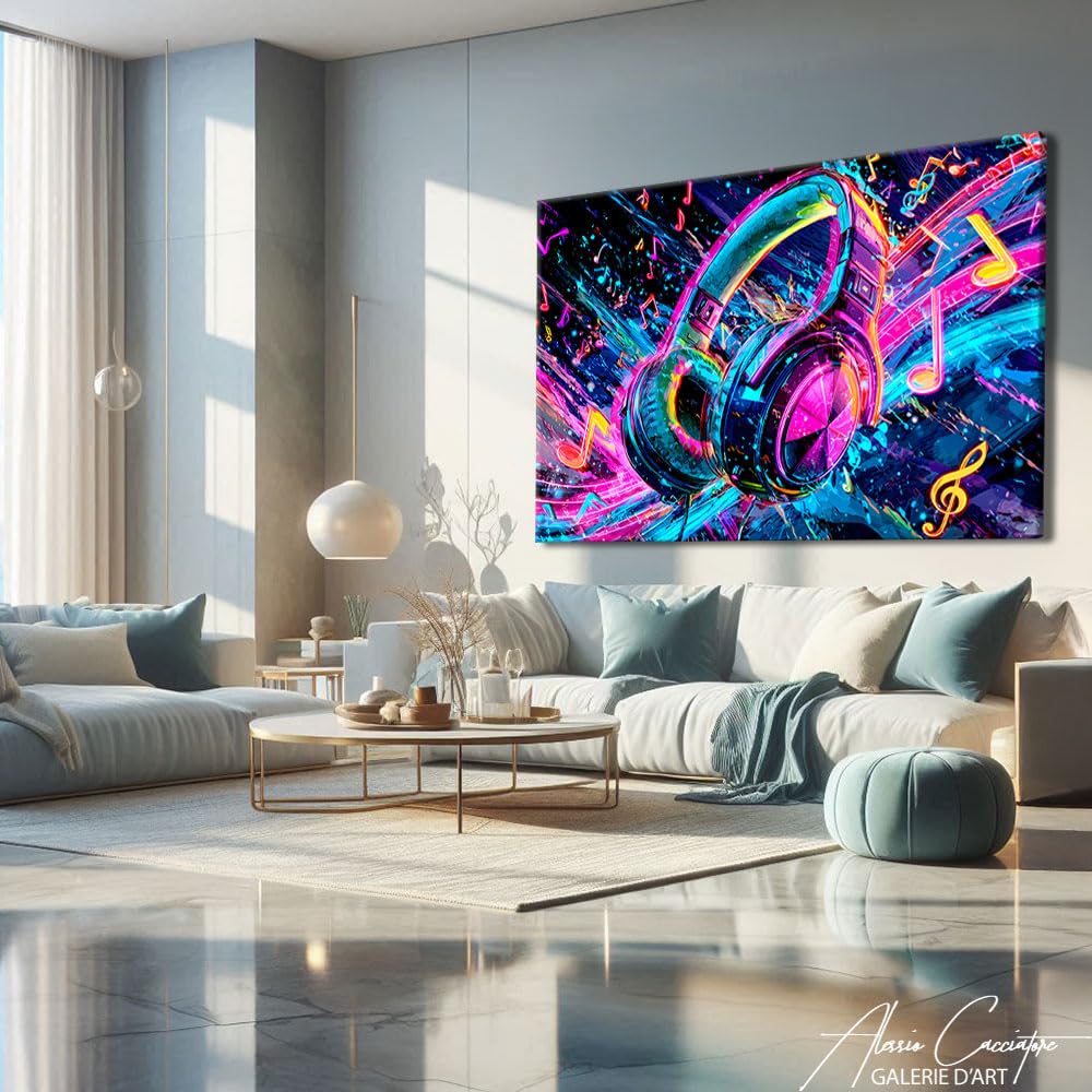 Quadro musicale elettronico – Decorazione studio registrazione – Cornice stampa cuffie audio – arte da parete sonora moderna – Idee Deco camera da letto musicista (60 x 40 cm)