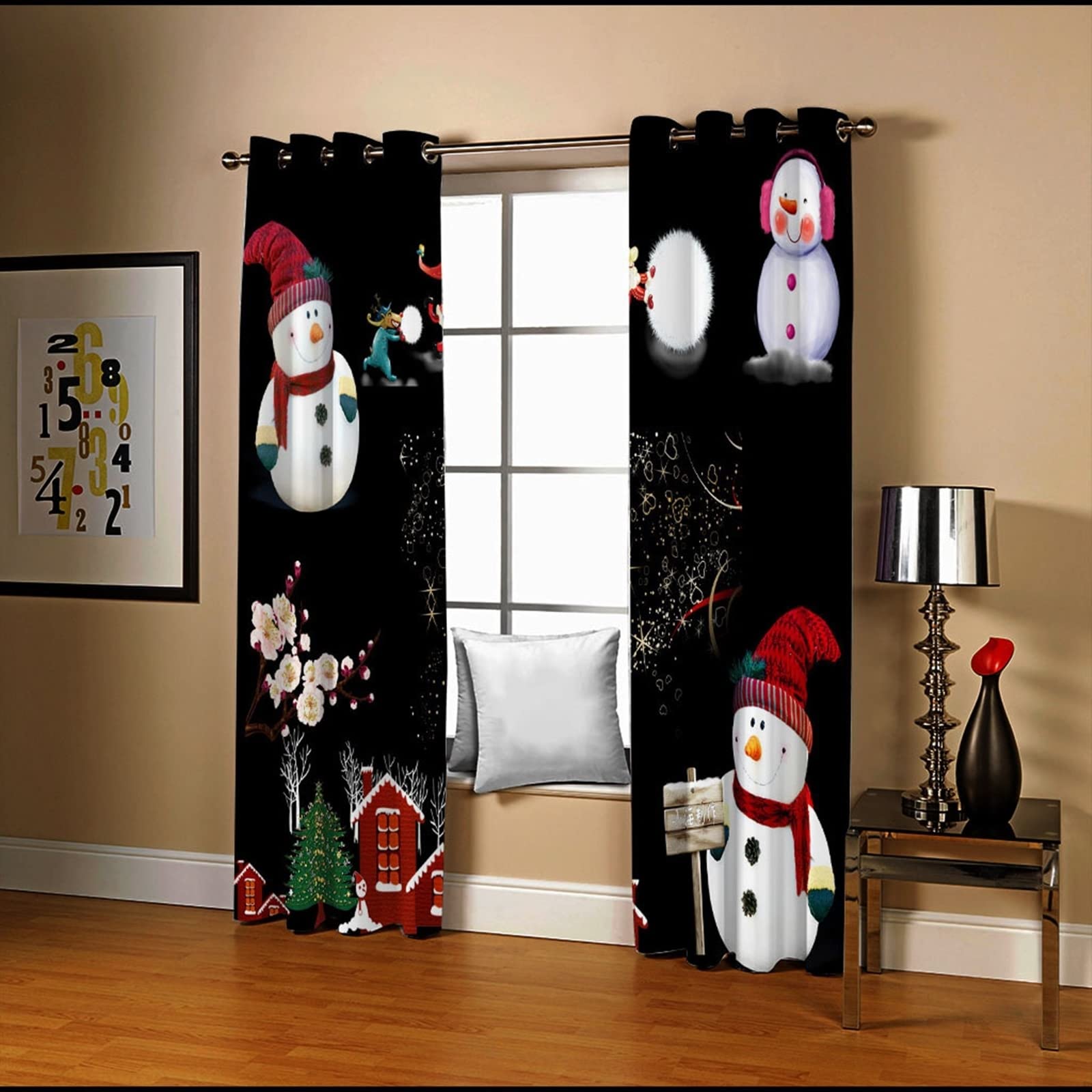 Tenda Occhielli Babbo Natale Pupazzo di Neve Fiori E Casa, Tende X Camera per Cameretta Bambini, 274x244CM