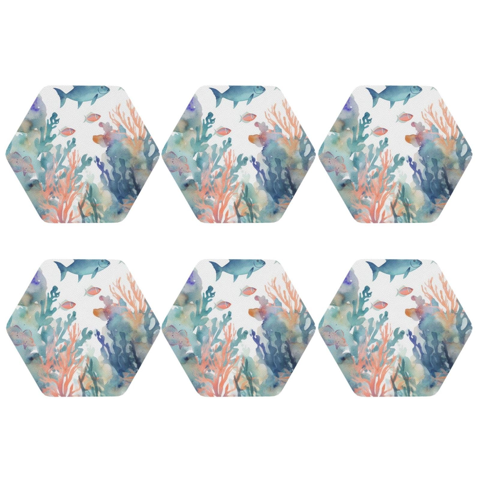 6pcs Leather Coasters for Drinks, Watercolor Fish and Coral Drink Coasters for Tabletop Protection, 4" Cup Coasters for Coffee Table Decor, Non-Slip Drinking Cup Mat for Hot Or Cold Drink