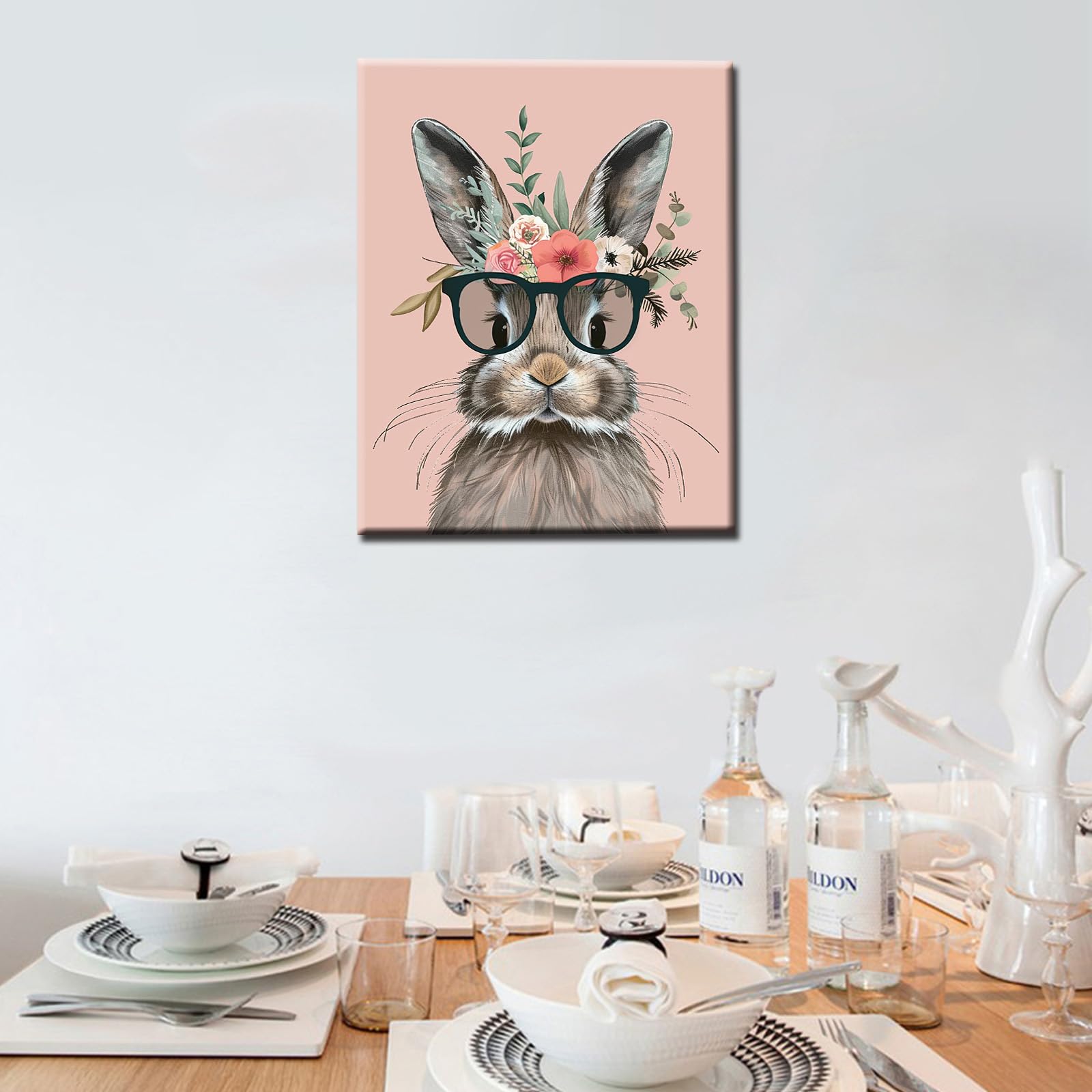Little Rabbit Wearing Sunglasses Poster Prints Artwork Funny Cute Animal Flowers 1P Canvas Room Wall Creative Pictures Home Decor for Living Room Framed Gallery-Wrapped Ready to Hang 16x24inch - Image 2