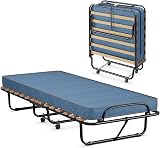 GIANTEX Lit Pliant 80x190 cm avec Matelas en Mousse avec Mémoire de Forme, Lit d’Appoint Pliable en Acier avec 4 roulettes Universelles pour Maison, Bureau et Camping (Bleu) - 1