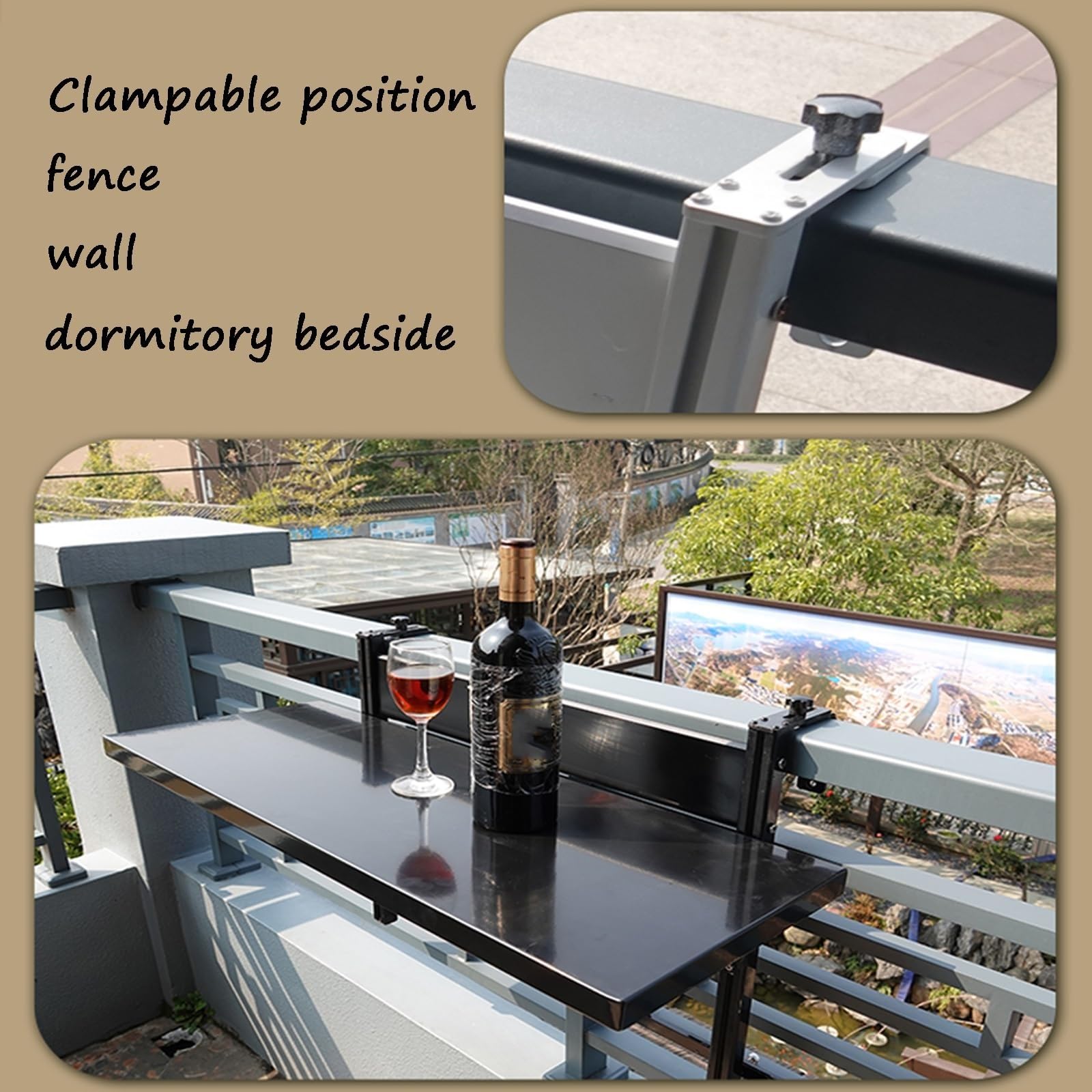 Mesa Plegable y Regulable en Altura para balcón, terraza y jardín (Ajustable en 3 direcciones, Ahorra Espacio, Resistente a la Intemperie) (Negra, 60 x 30 cm / 23,6 x 11,8 Pulgadas)