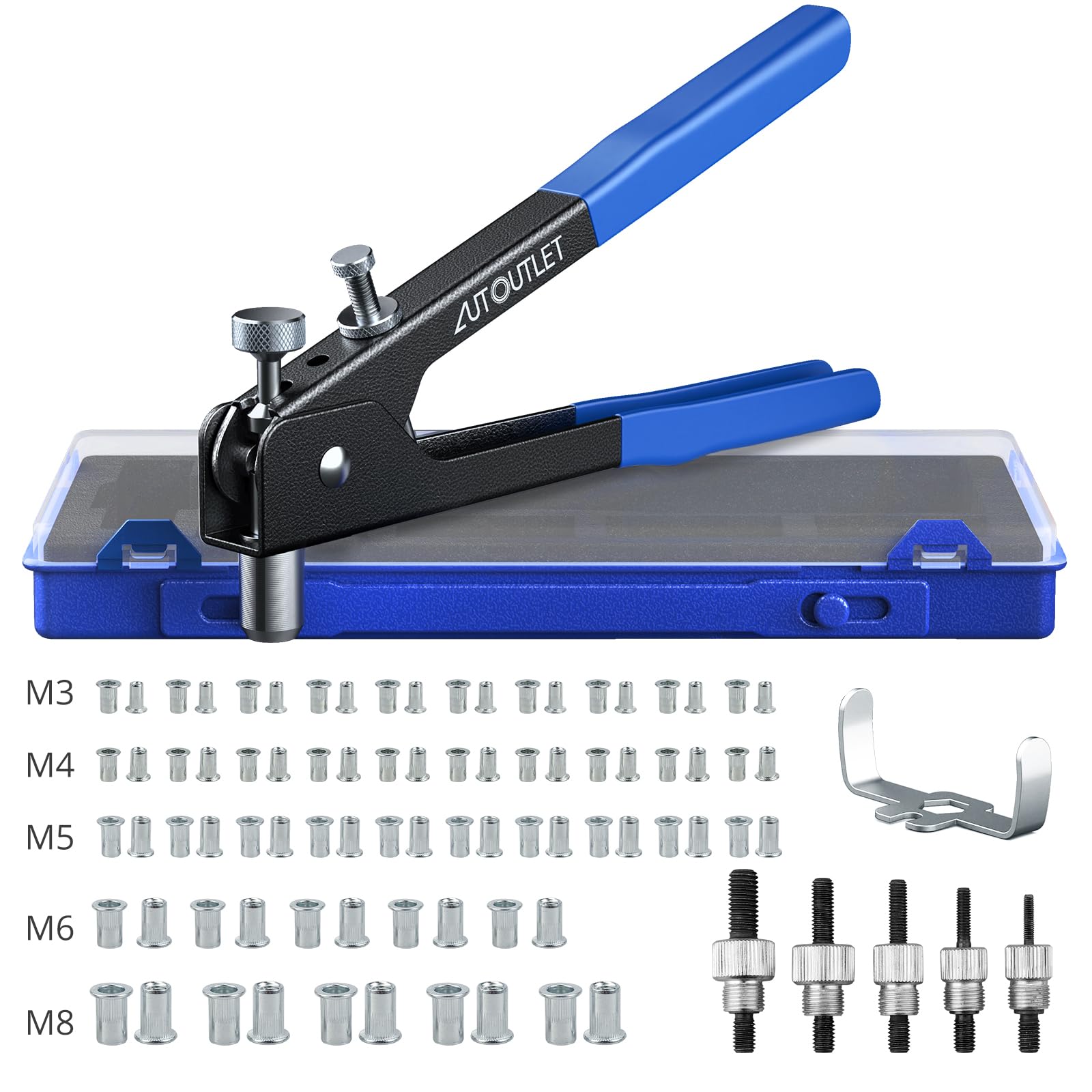 AUTOUTLET - Set of 86 Rivet Nut Pliers with Mandrels M3, M4, M5, M6, M8 and 80 Rivet Nuts, 10 Inch Threaded Rivet Pliers, Blind Riveting Pliers, Blue Global Recycled Standard Global Recycled Standard Global Recycled Standard