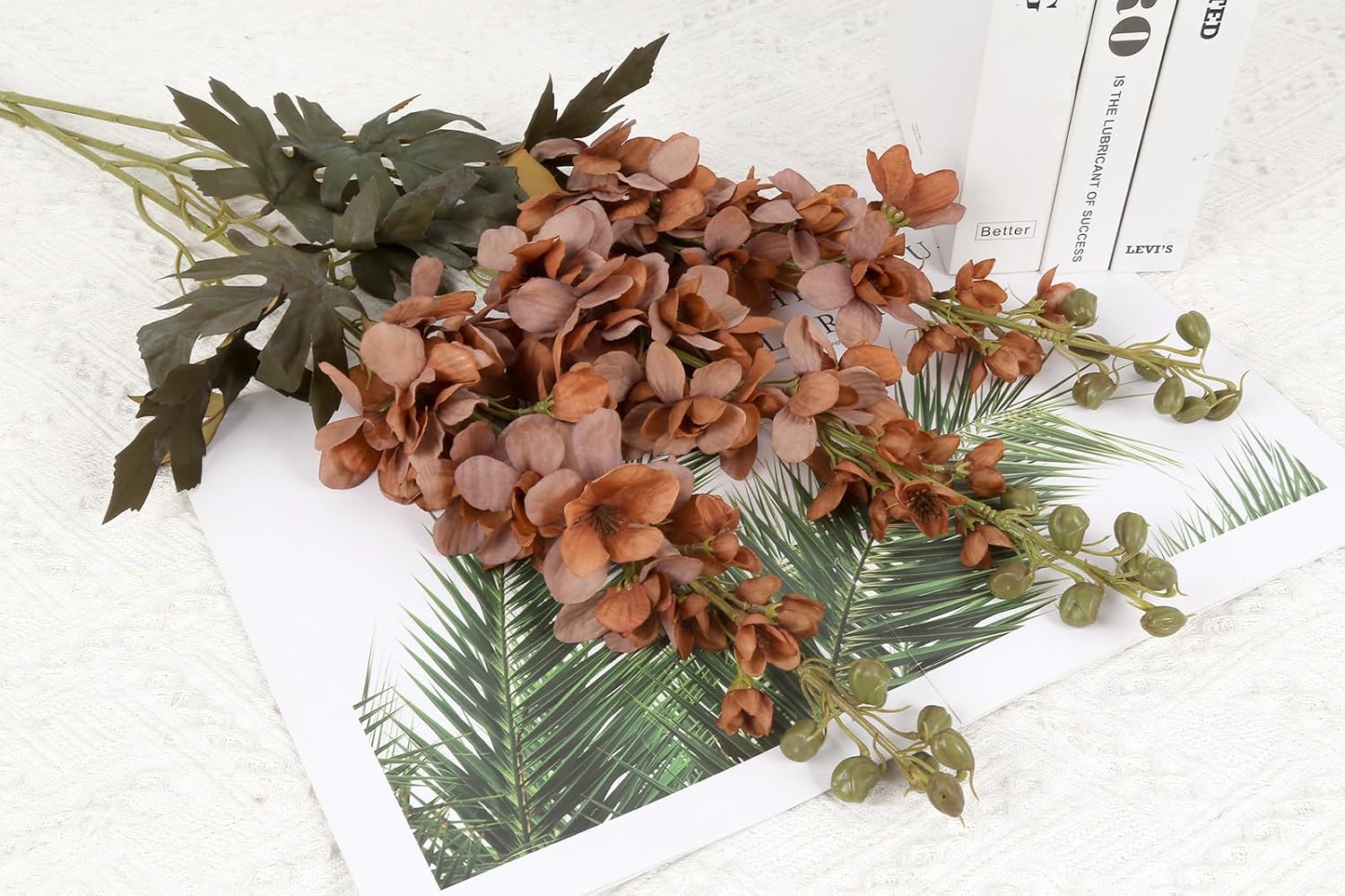 IPOPU Delphinium Artificial Flowers Combo Fake Eucalyptus 5PCS Terracotta Flowers 34.25" Long Stem Artificial Flowers for Tall Vase for Wedding Centerpieces Home Table Decor (Coffee&Red)