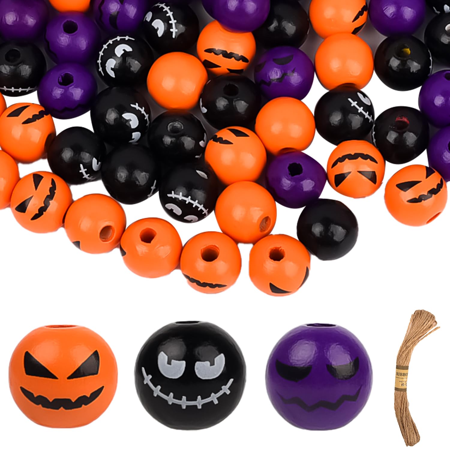 Lezevn 120 Pieces Halloween Grimace Wooden Beads - Black, Orange, Purple Round & Ghost Beads for DIY Party Decors