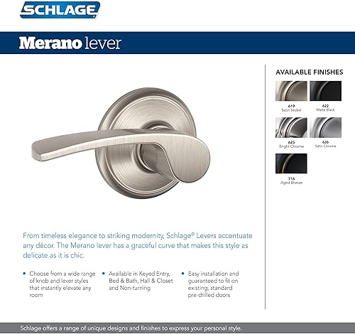 Miniatura 2 de Schlage F170 MER 619 RH - Manija de puerta Merano para diestra, manija de puerta simulada sin giro de un lado, níquel satinado