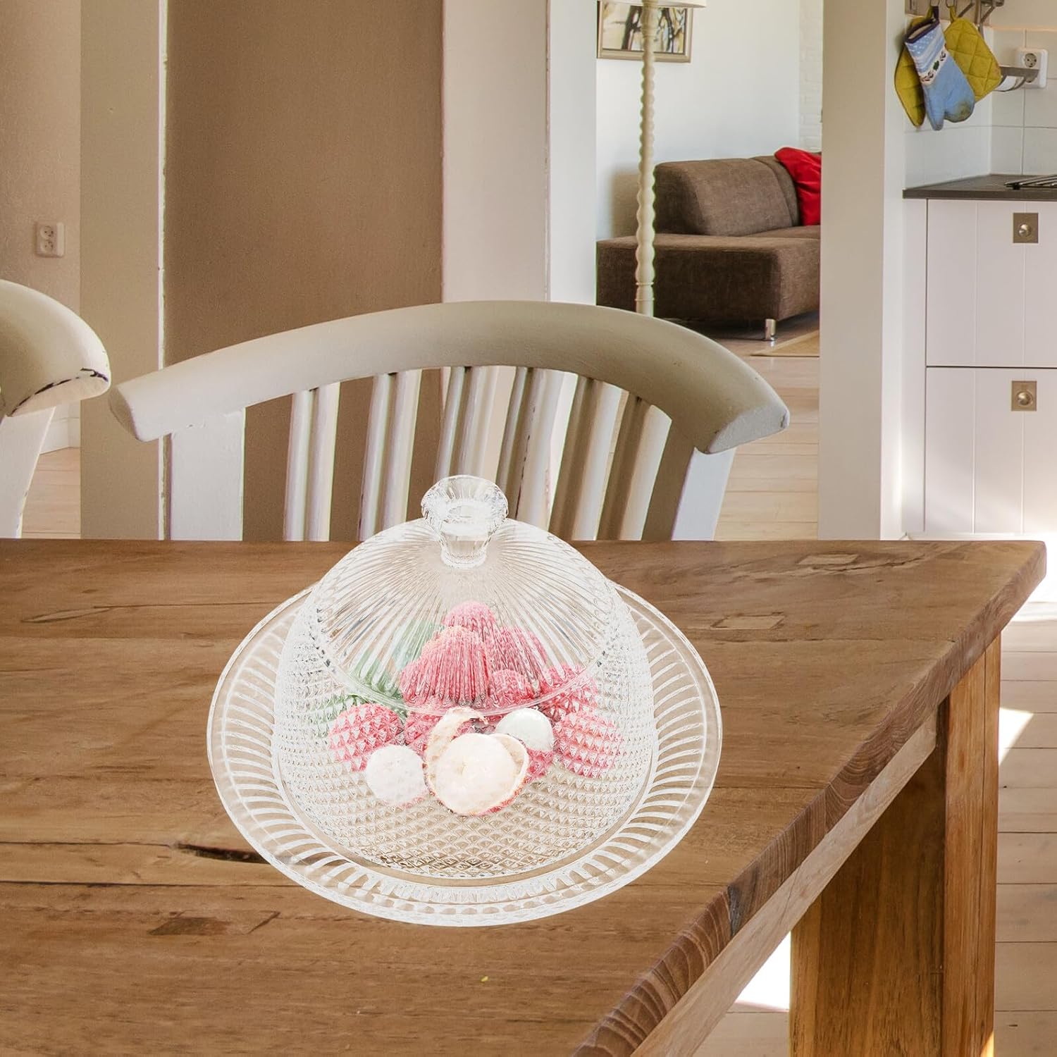 Glass Cake Dome Stand with Lid, European-style Covered Dessert Plate, Mini Fruit and Snack Serving Tray for Home Use, Insulated Glass Display Plate with Geometric Pattern