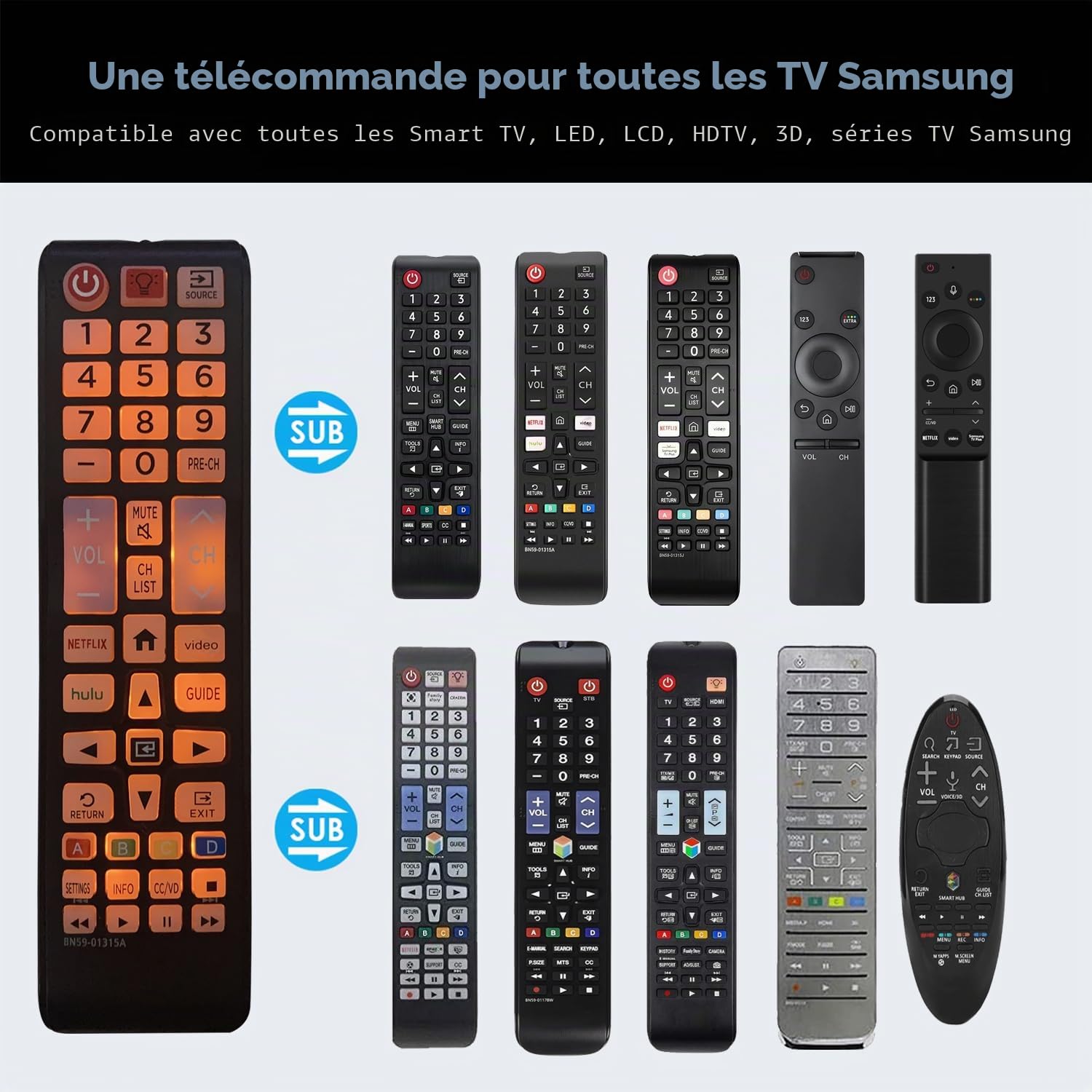 BN59-01315A Télécommande universelle rétroéclairée pour TV Samsung Samsung LCD LED HDTV 3D QLED OLED 4K 8K Smart TV
