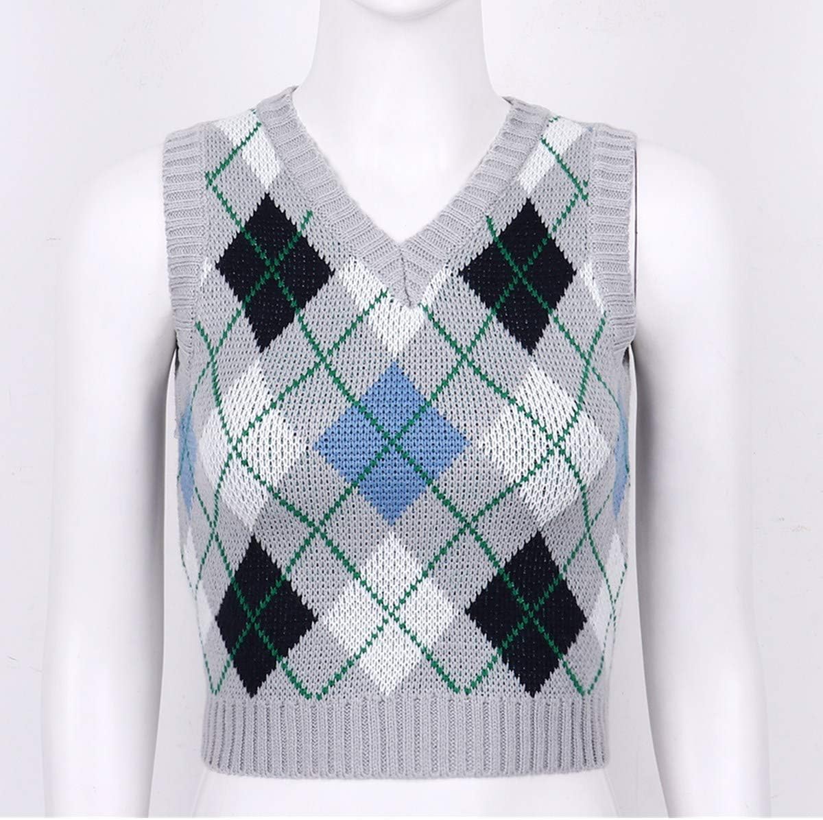 FEESHOW Women Streetwear Preppy Style Knitwear Tank Tops V Neck Argyle Plaid Knitted Sweater Vest