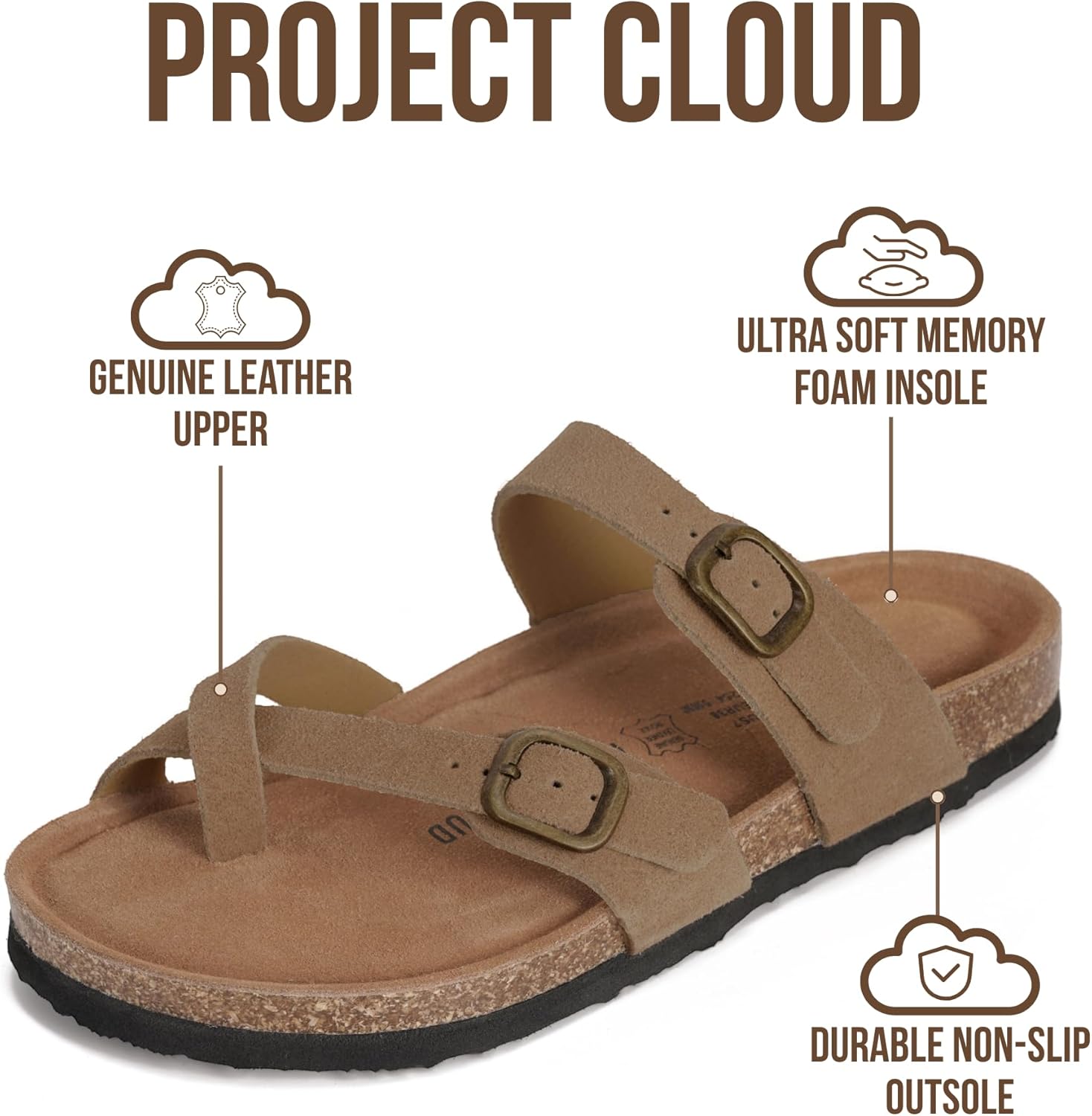 Project Cloud 100% Genuine Leather Womens Sandals -Lightweight Womens Slides Memory Foam Insole & Cork Footbed Sandals Women - Non-Slip Beach Essentials Summer Sandals for Women 2026 (Lian)