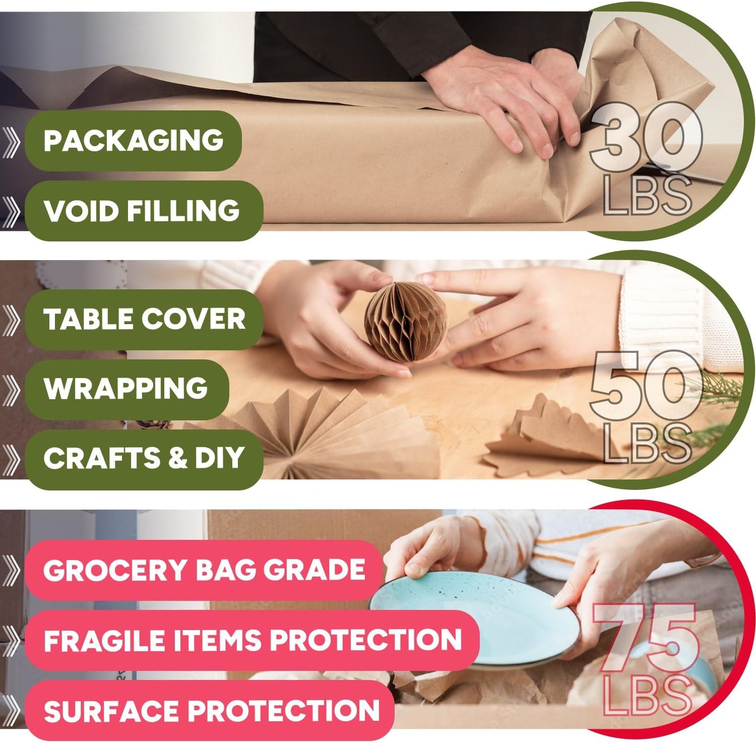 Natural Brown Kraft Packing Paper Roll, 36" x 5700" (475 feet), 75 Lb Extra Heavy-Duty (Grocery Bag Grade) – Made in USA Large Size Roll of Brown Wrapping Paper, 3-inch Core – for Packaging, Shipping