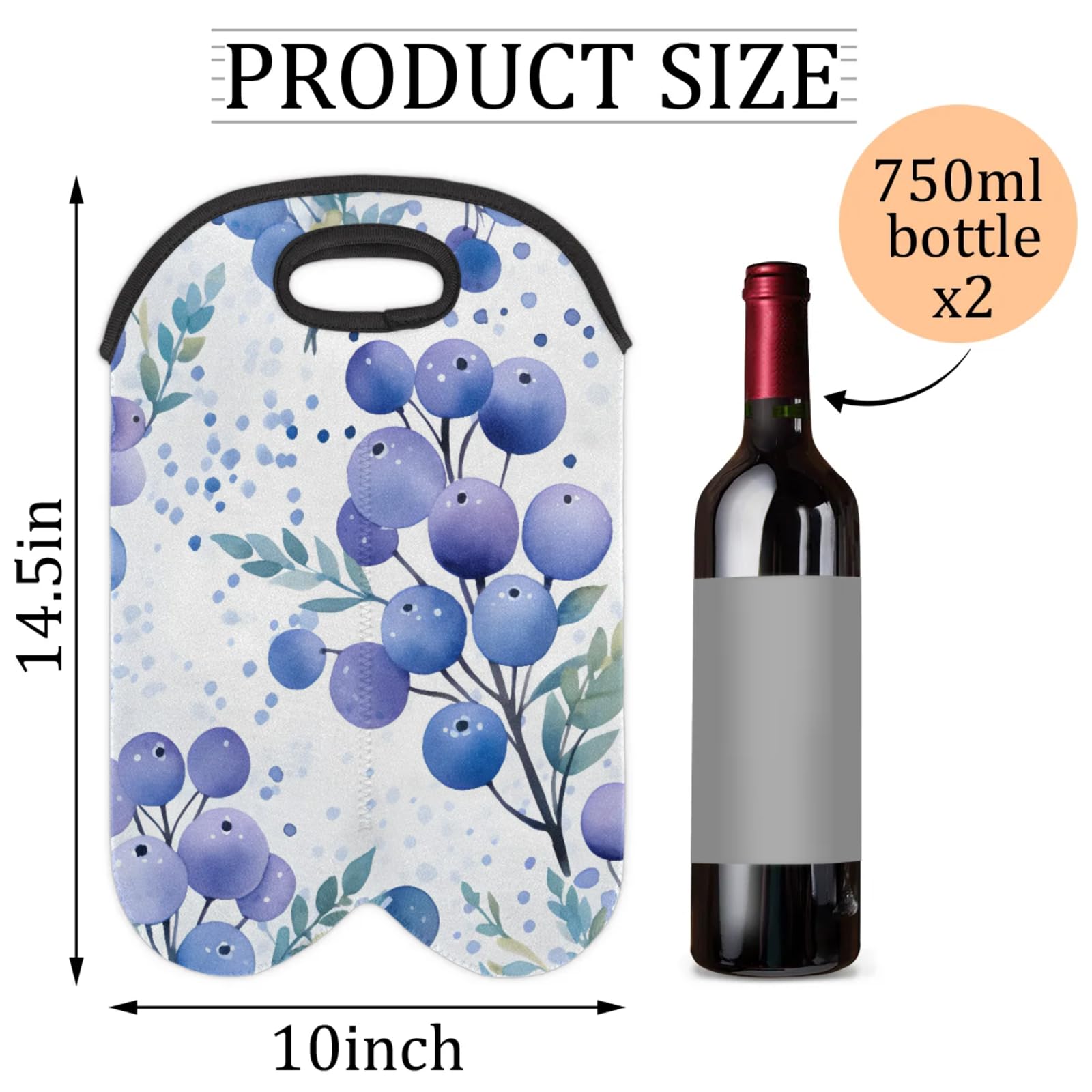 GzLeyigou 2 Bottles Blueberry Wine Bag Sleeve Totes Neoprene Protective Wine Carrier Bag for Wine,Water, Champagne, Beer, Baby Bottles,Gift 14.5 x 10 Inches