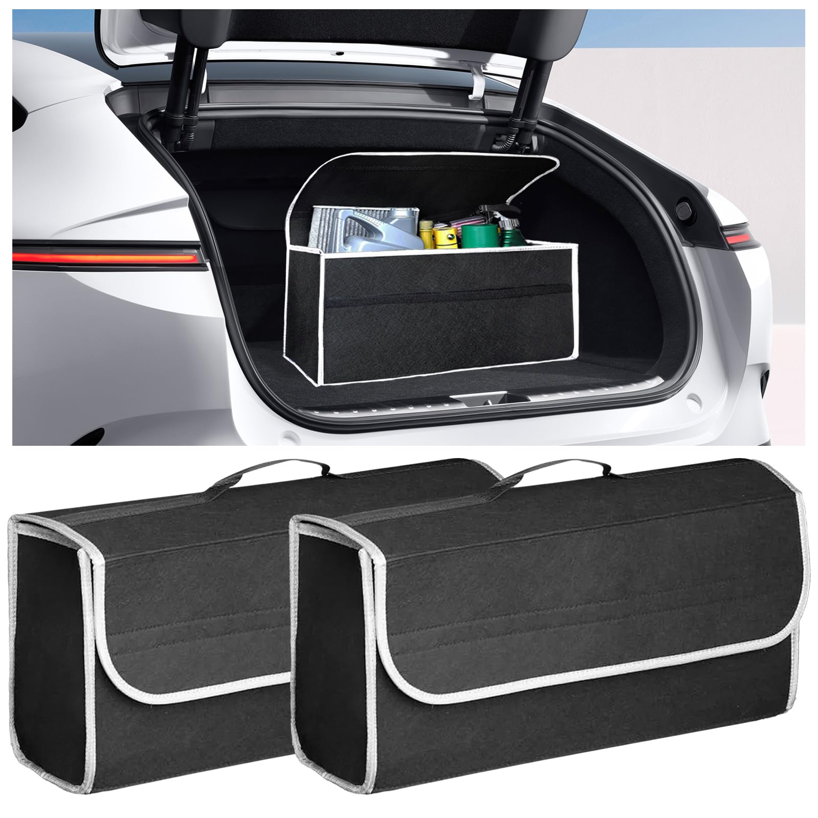 Vbgurr Black Car Boot Organiser Bag, Foldable Auto Organiser Storage,Non-Slip Felt Tidy Boot Bag,Essential Car Accessories For Storage Auto Tools & Interior Declutter (2Pcs)
