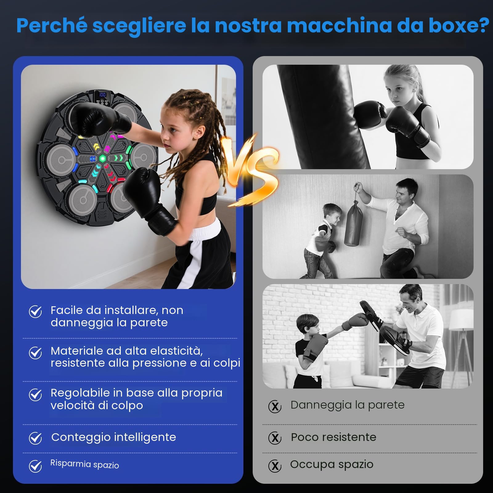 Macchina da Boxe Musicale, Nuovo Music Boxing Machine a Parete con Guanti, Connessione Bluetooth, Luci LED, Regolazione a 5 Velocità, Molteplici Modalità di Allenamento, Conteggio Automatico (A)