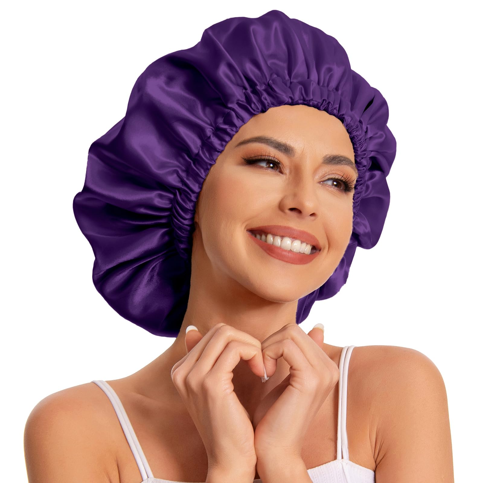 Edoneery Women's Purple Satin Bonnet For Sleeping - Slouchy Beanie Hat Sleep Cap For Natural & Curly Hair (Purple)