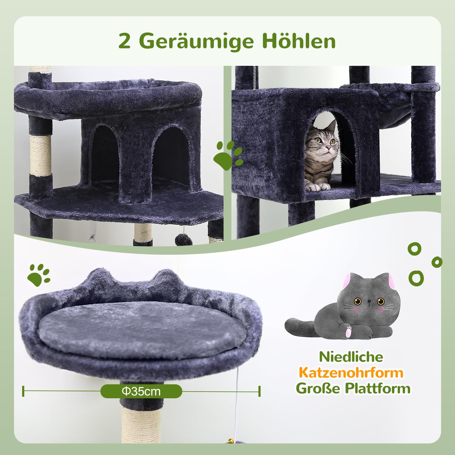 Globlazer Kratzbaum Groß Hoch 183 cm mit Katzenhaus Groß Plattform Korb Sitzstangen Bett Plüsch Katzenspielzeug, Katzenbaum Stabil für Große Katzen Maine Coon Britisch Kurzhaar (S72, Dunkelgrau)