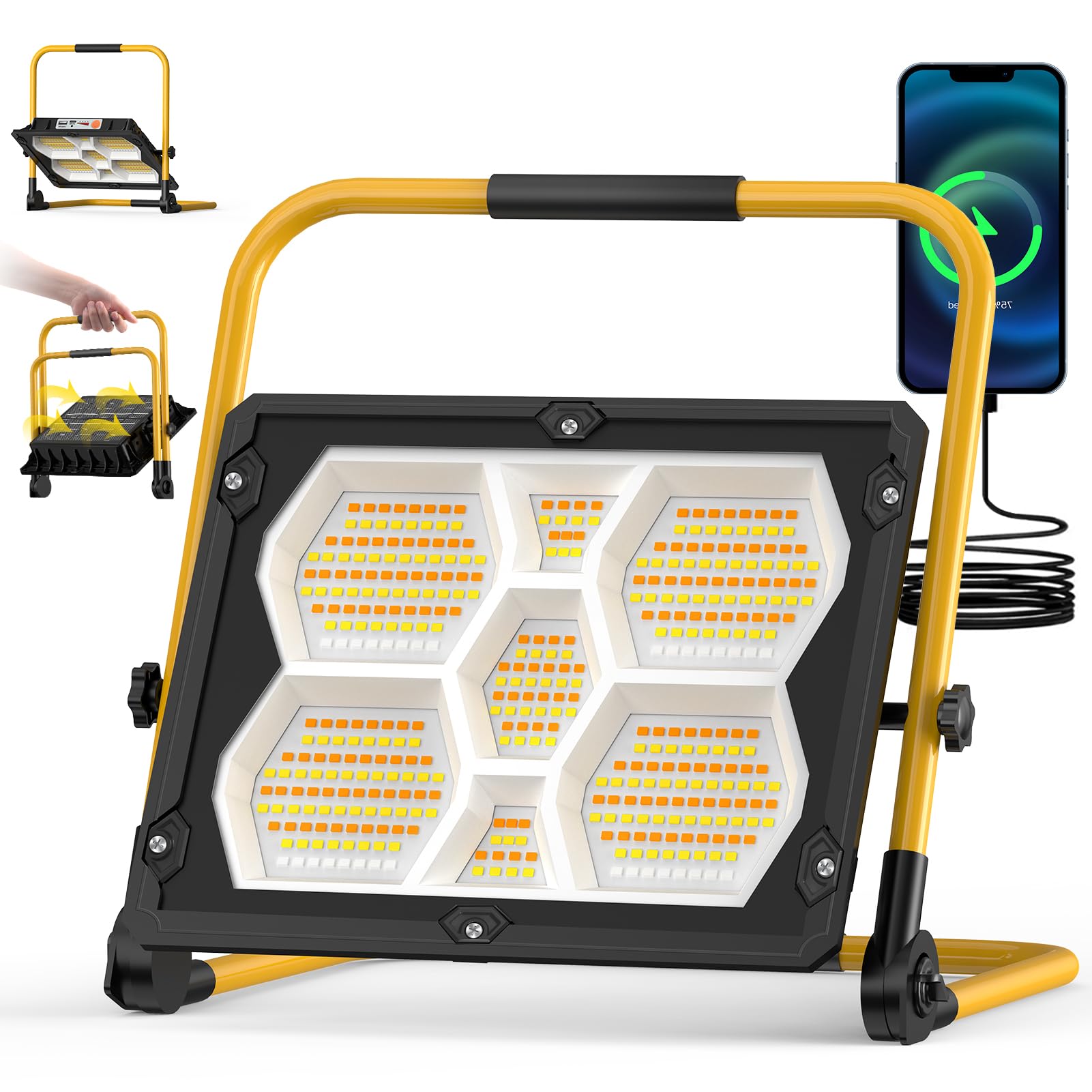 Viugreum 150W Lámpara de Trabajo LED Solar, Foco LED Recargable 15000LM con Puerto USB, 3000K/4500K/6500K Lámparas de Camping, Proyector Inalámbrico IP66 para Obras, Pesca, Senderismo, Taller