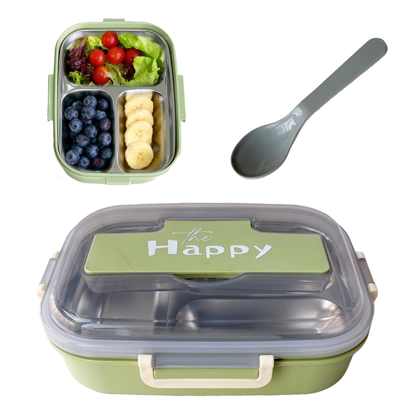 Porta Pranzo con 3 Scomparti e Cucchiaio, Lunch Box in Acciaio Inox Senza BPA, Bento Box per Scuola e Lavoro, Porta Merenda per Bambini e Adulti