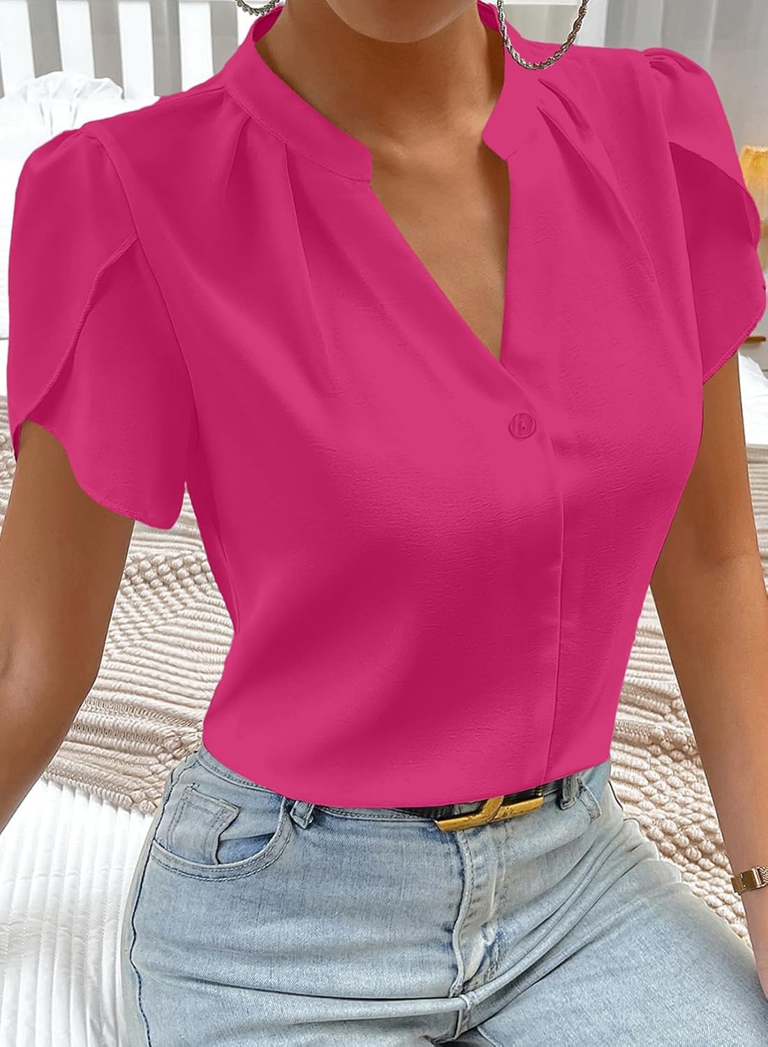 Astylish Women's Dressy Notched V Neck Tops Business Work Cap Sleeve Chiffon Blouse Shirts - Image 3