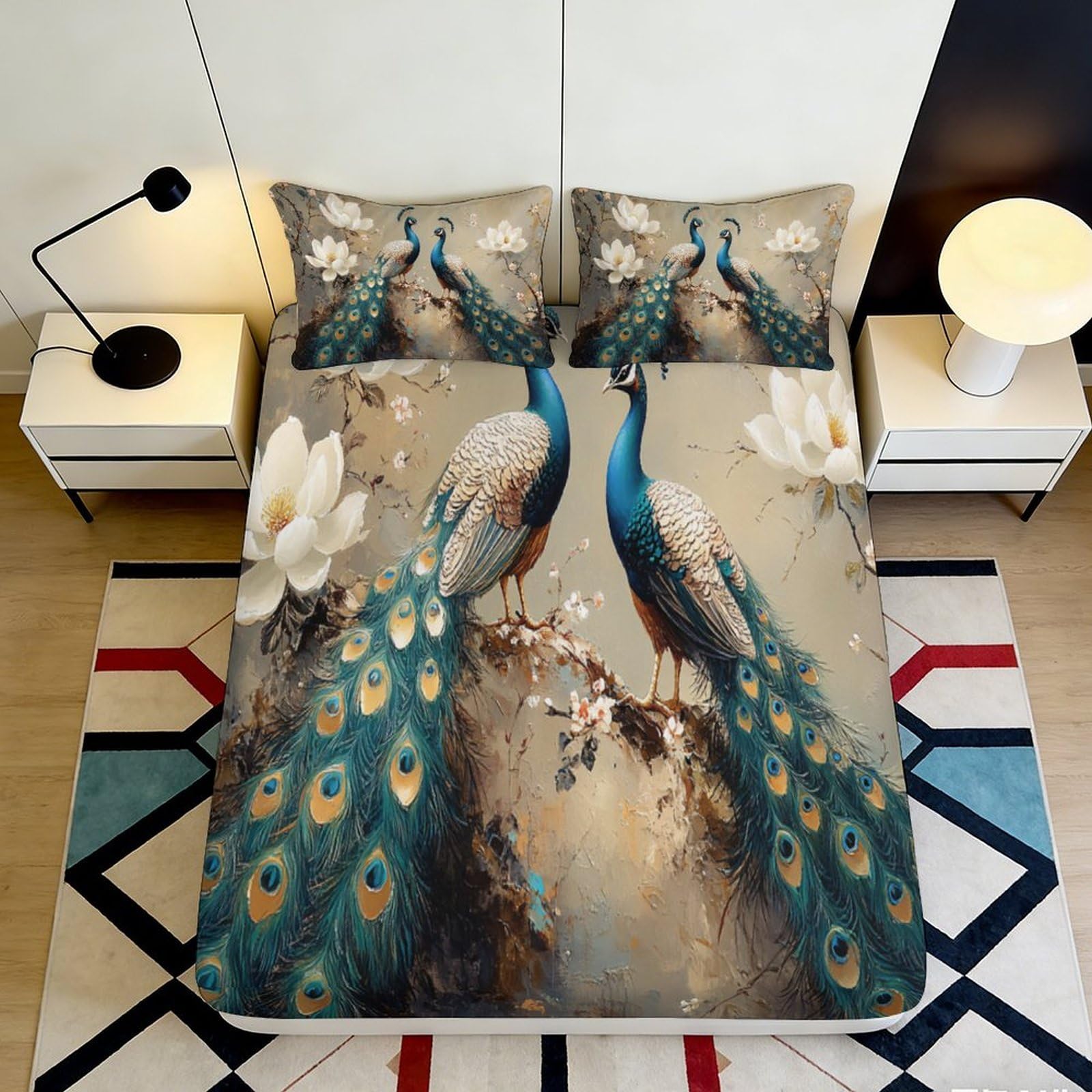 3D Printed Peacock Blossom Fitted Sheet Microfiber Anti-Slip Bed Cover for Bedroom Guest Room Dustproof Easy Care 90x200x25cm