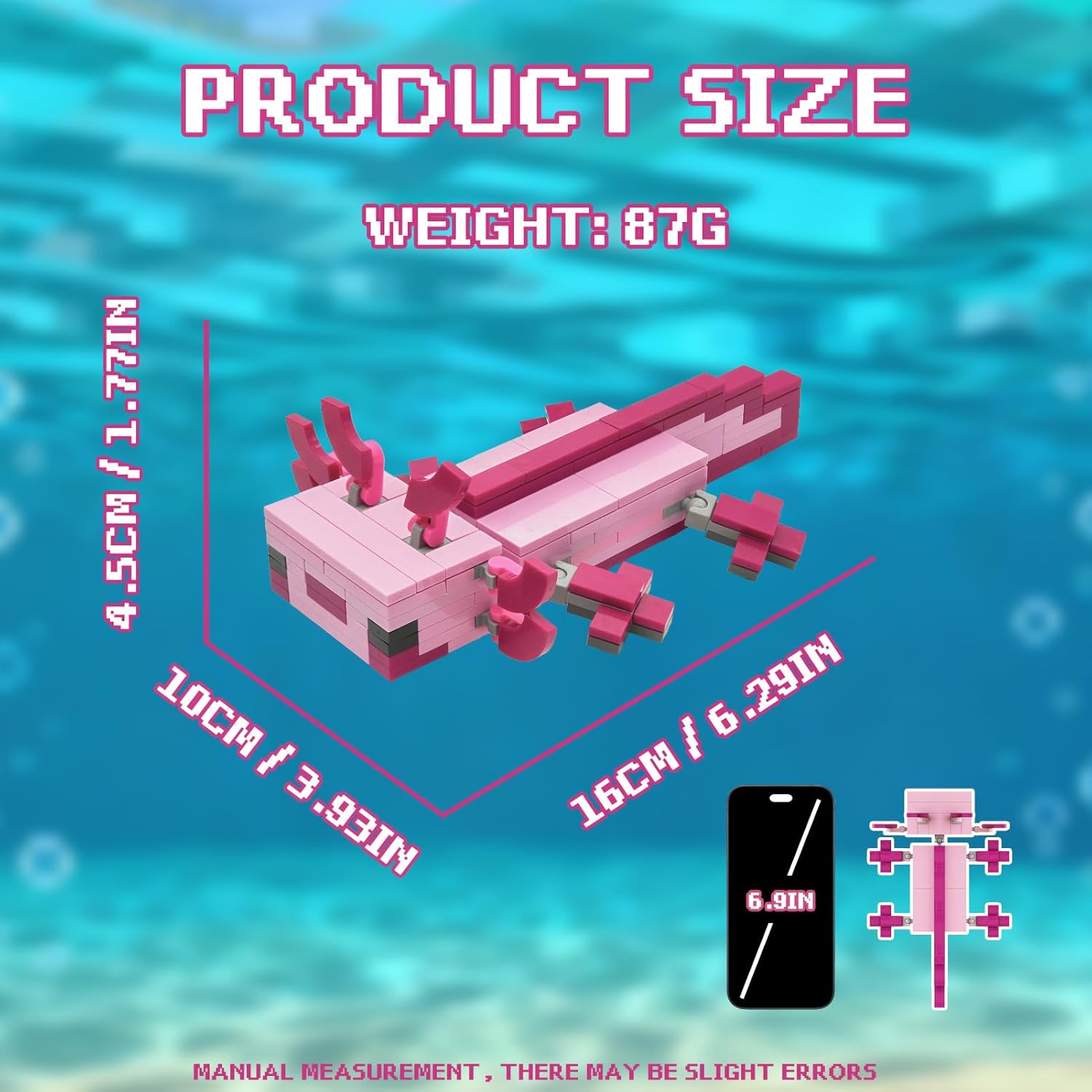 Pink Axolotl Building Block Set, Compatible with Lego 630 Accessory, Pixel Style Axolotl Animal Building Set, Best Gift for Kids, 4+, 164Pcs