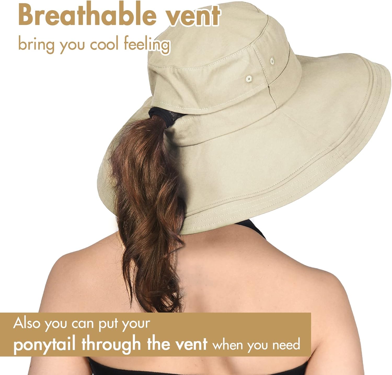 Sun Hats for Women Gardening Hat Wide Brim Ponytail Beach Sun Protection Breathable Cotton Summer Hat with Fold-Up Brim - Image 3