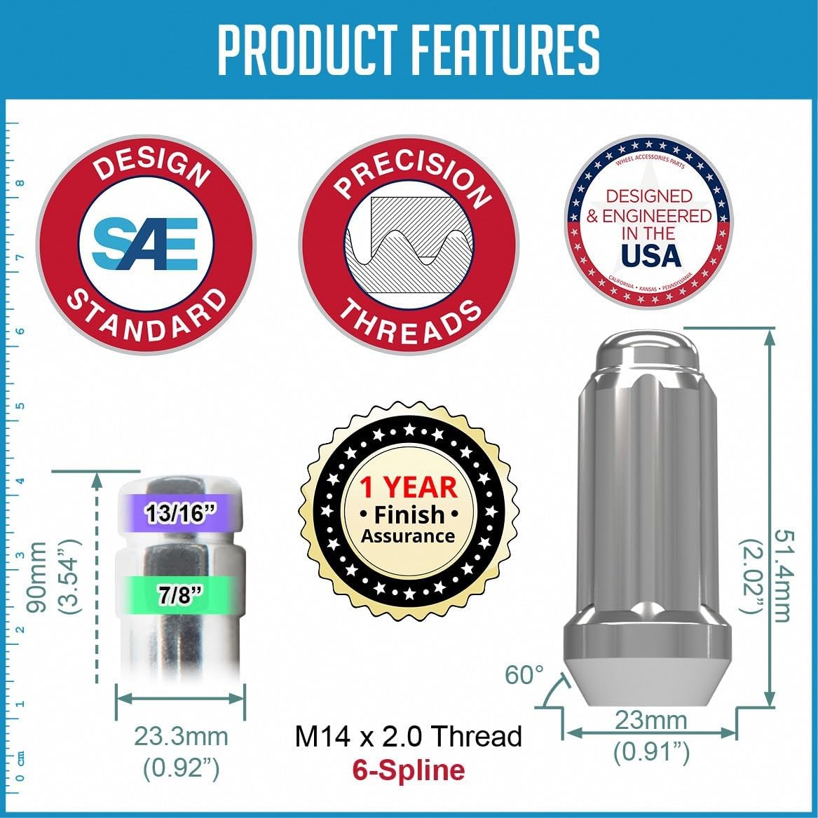 Wheel Accessories Parts 60 Pcs M14x2 14x2 Thread Truck 2.00" Long Spline Lug Nuts Chrome 6 Spline Fits Ford Expedition F-150 F-250 F-350 Super Duty ｜ Lincoln Navigator