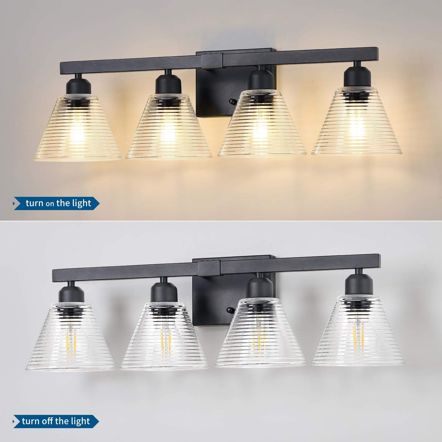 4-Light Bathroom Vanity Light, Black Modern Bathroom Lighting Fixtures with Clear Glass Shade, Farmhouse Wall Sconces for Mirror Kitchen Bedroom Living Room