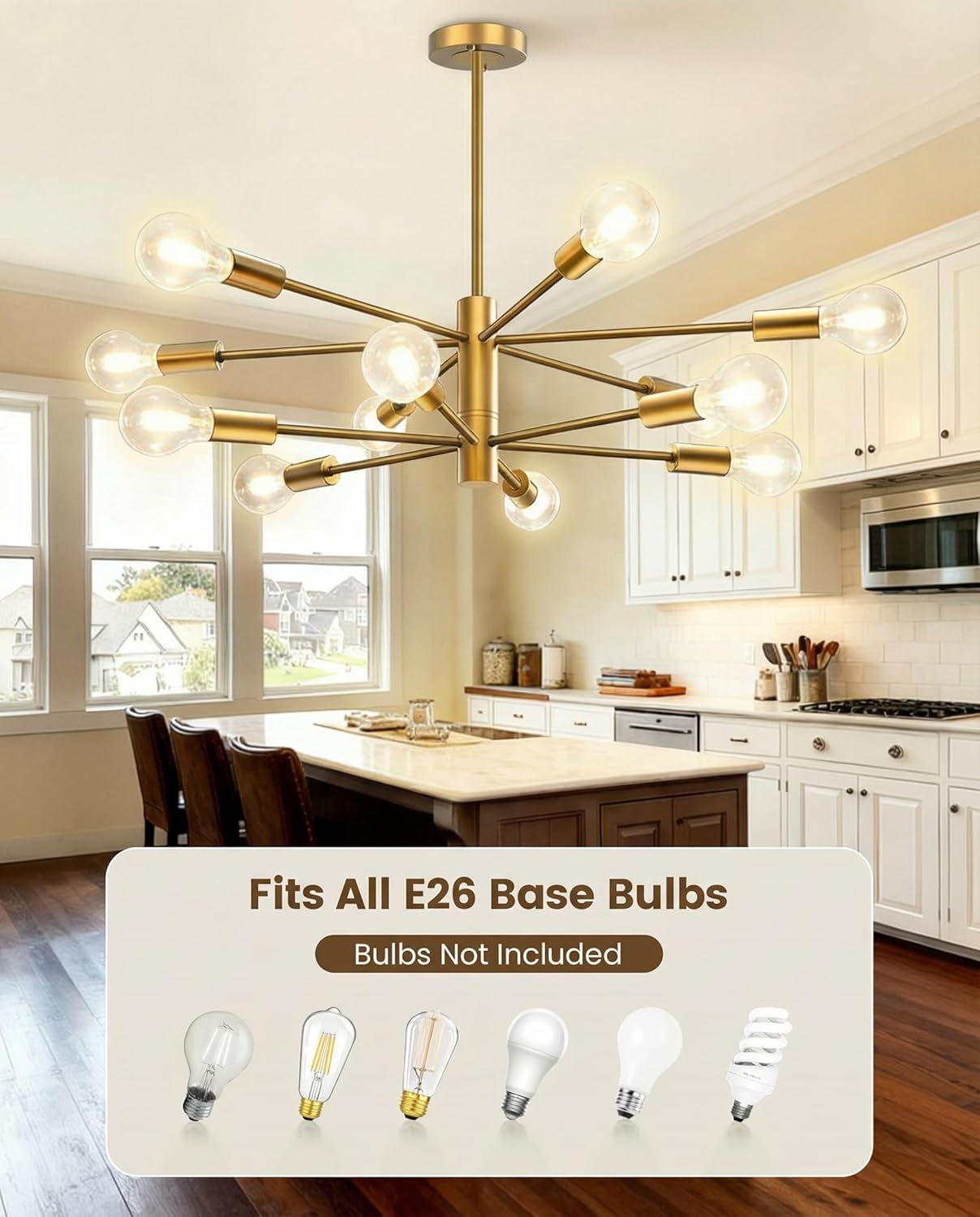 Modern Chandelier, 12-Light Sputnik Ceiling Light Fixture, Mid Century Height Adjustable Sputnik Chandeliers for Dining Room, Kitchen Island, Living Room, Bedroom - Gold