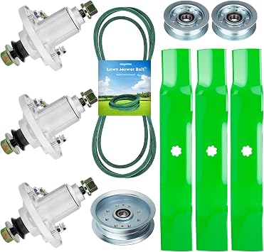 48" Deck Spindle Rebuild Kit for John Deere D140 D155 LA145, Include 3 Spindles GY20454 GY20867, 3 Blades AM141035, 1 Idler GY20110 GY20629, 2 Idlers GY20067 GY22172, 1 141" Belt GX20571
