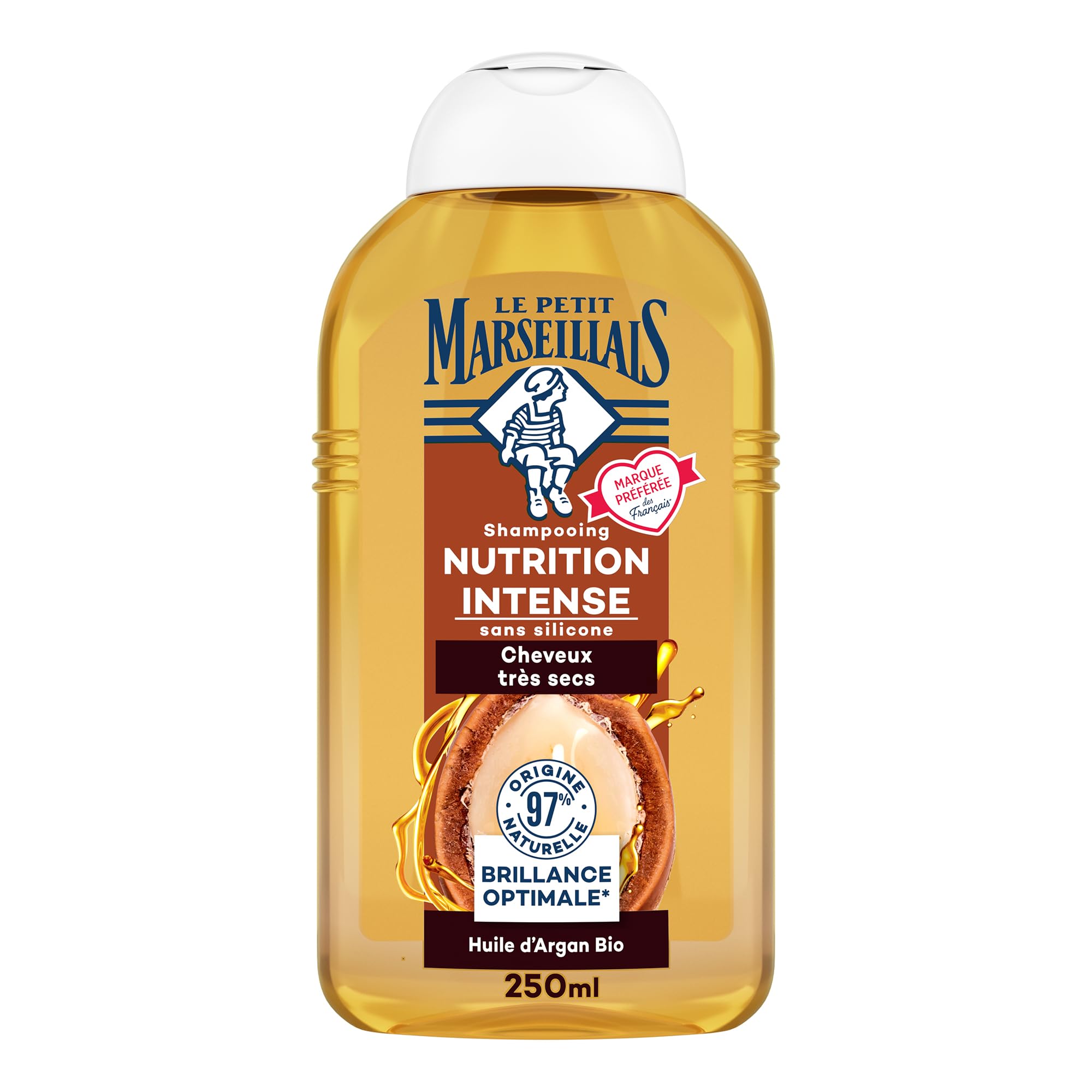 Le Petit Marseillais , Shampooing Nutrition Intense Huile d'Argan Bio (flacon de 250 ml) – Shampoing sans silicone pour cheveux très secs – 97 % d'ingrédients d'origine naturelle