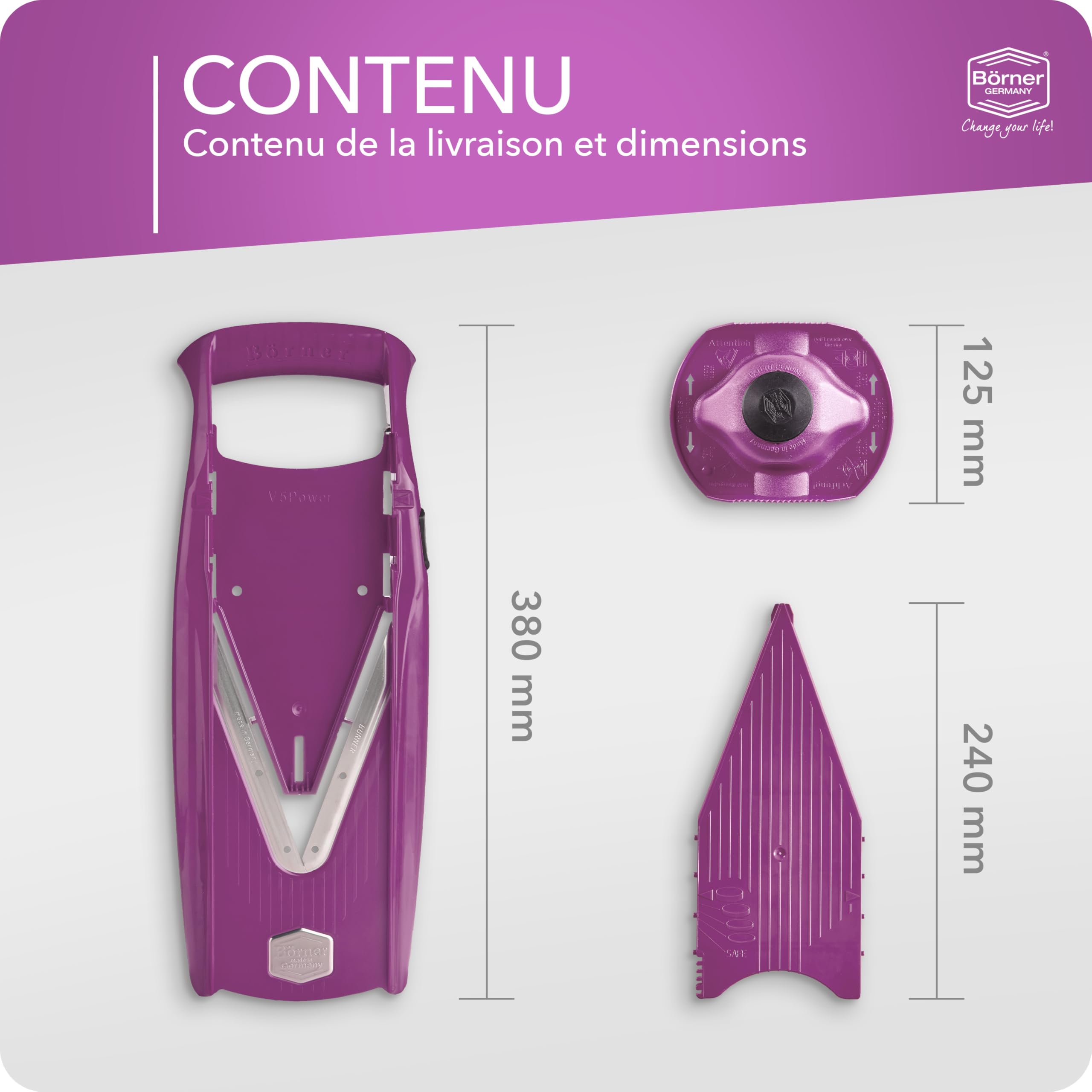 Coupe-Légumes Börner V5 (Set de Base) • Mandoline en V pour tranches de 4 épaisseurs • Trancheuse avec lame en acier inoxydable • Mandoline réglable pour fruits & légumes • Violet