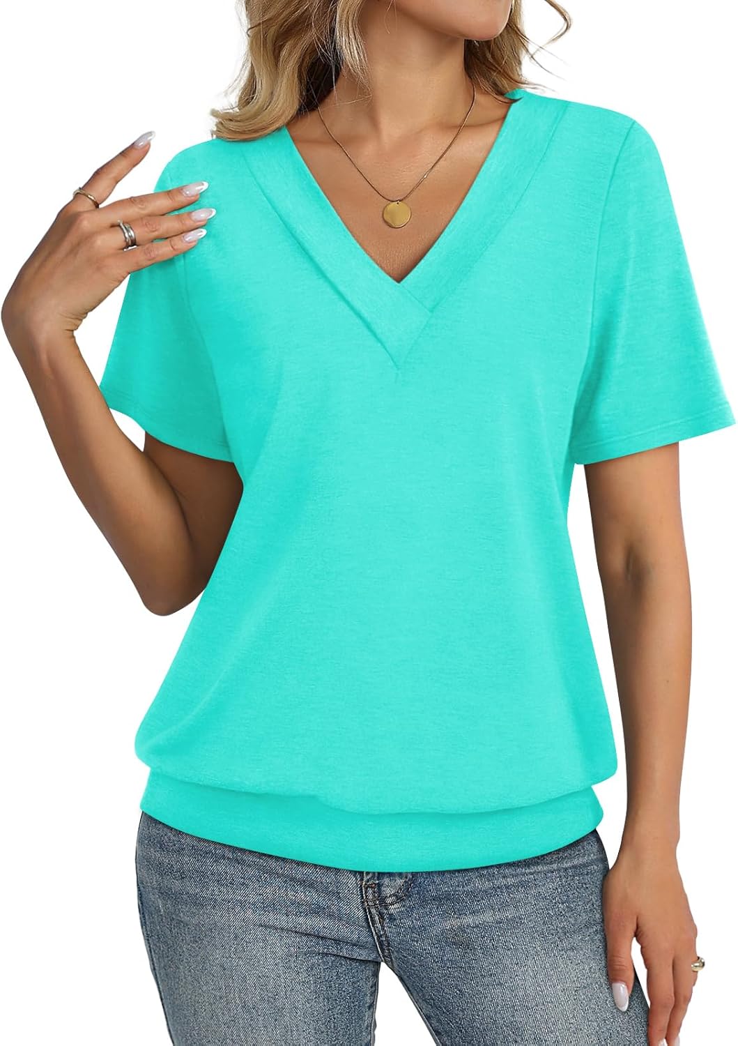 TCITICMISS Womens Short Sleeve Tops Banded Bottom V Neck Summer T Shirt Casual Basic Tees