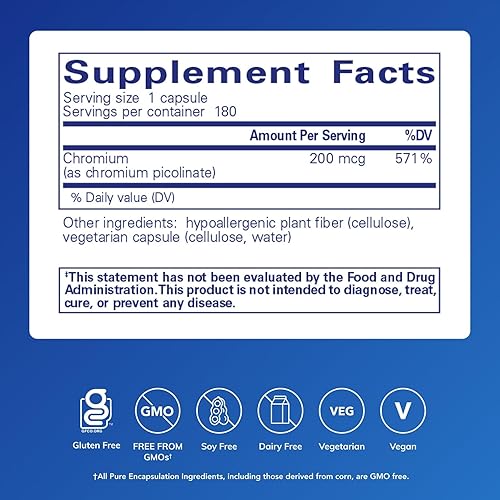 Vista 9 de Pure Encapsulations Cromo (picolinato) 200 mcg Suplemento hipoalergénico para el metabolismo saludable de lípidos y carbohidratos 60 cápsulas