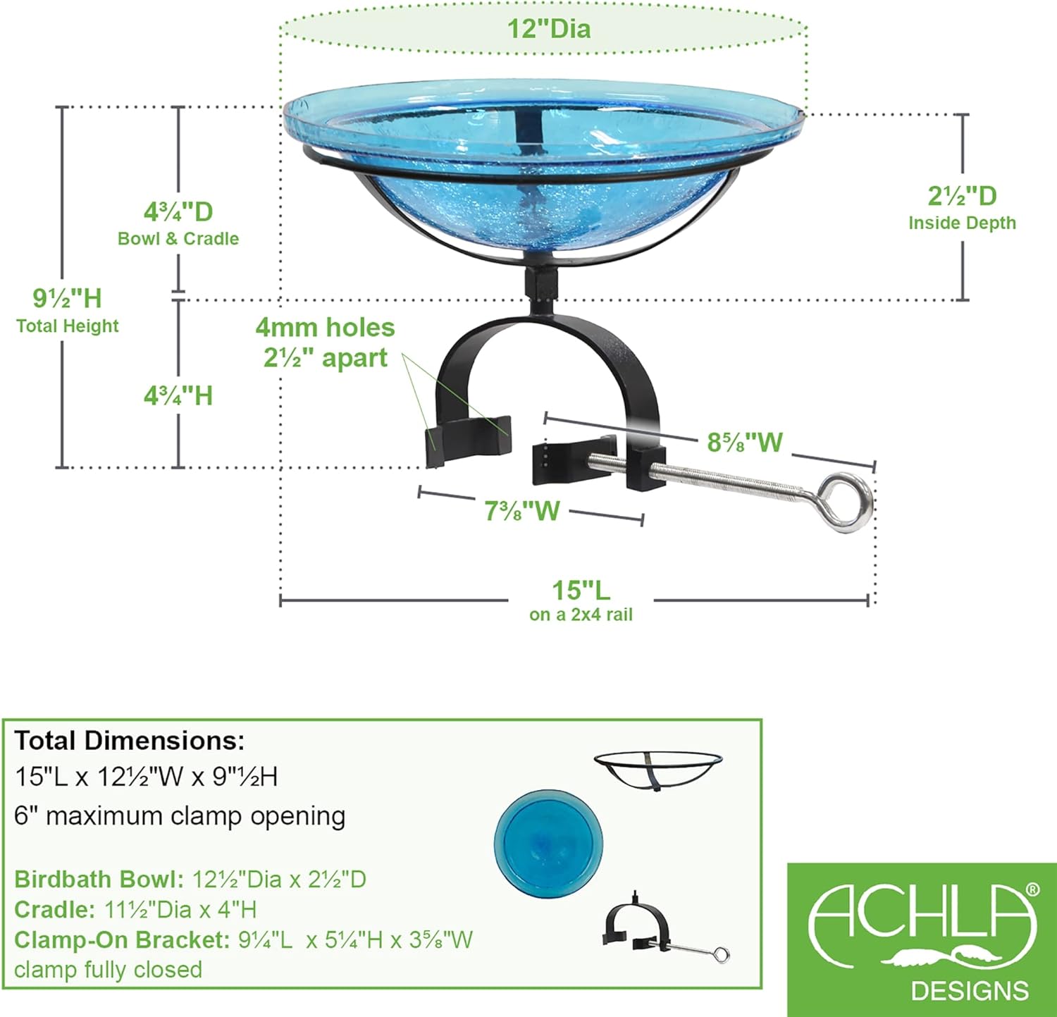 Achla Designs 201-1023 12" Teal Crackle Glass Rail Bracket Birdbath