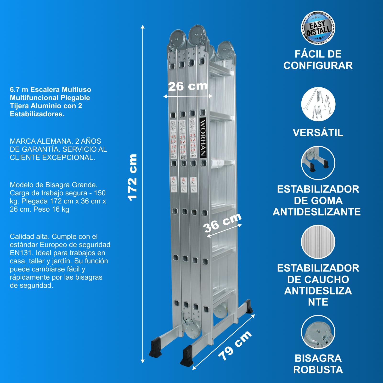 6.7m Escalera Multiuso Multifuncional Plegable 670cm Tijera Bisagra Grande Aluminio con 2 Estabilizadores Nueva Generación Calidad Alta KS6.7