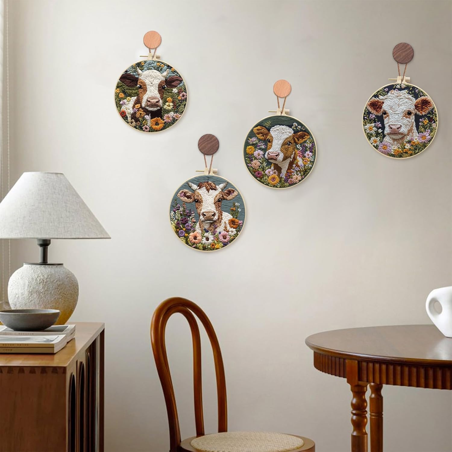 LB 4 Pack Farmhouse Cow Embroidery Kit for Beginners Rustic Floral Plant Beginner Embroidery Kit for Adults DIY Starter Kit with Embroidery Hoop Colorful Threads Tools and Instructions