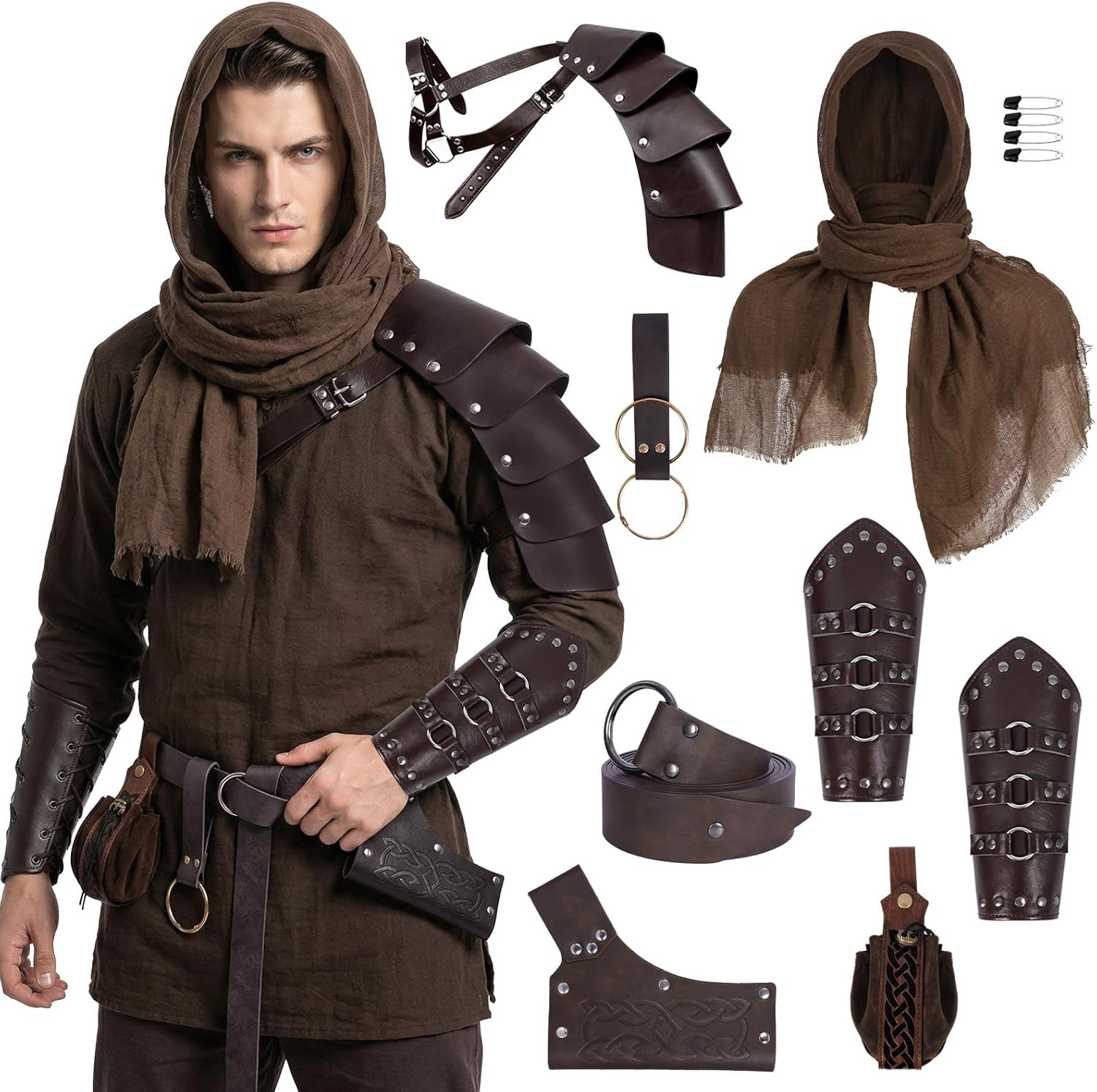 8pcs Renaissance Medieval Costume Accessories Men - Viking Knight Assassin Leather Armor & Shoulder Cape Bracers Belt Set