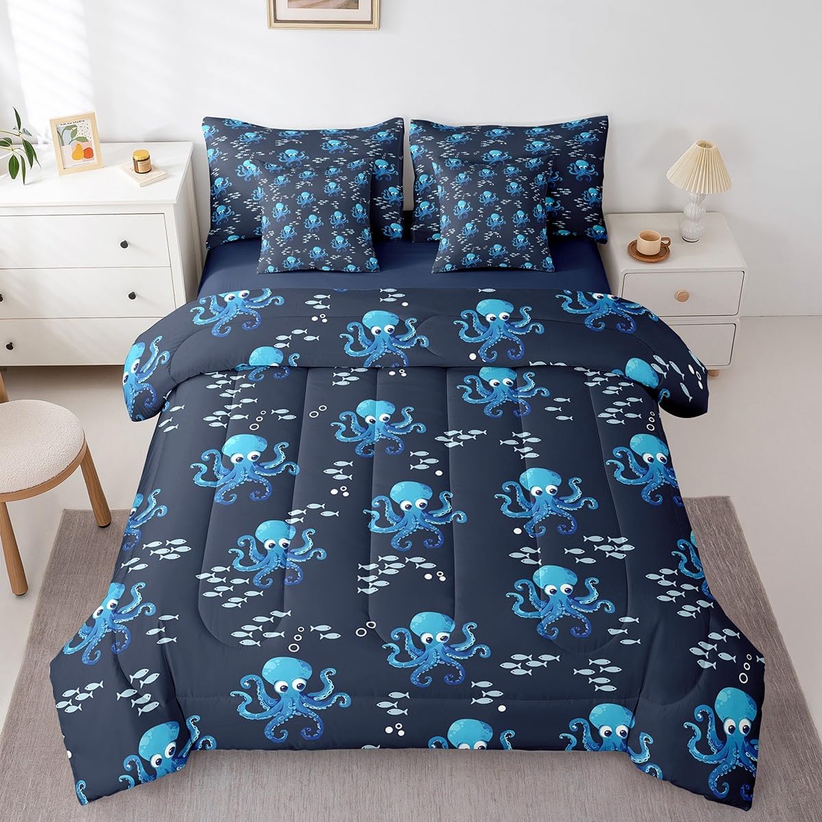 jejeloiu Ocean Comforter Set with Sheets Full Size Kids Beach Theme 7 Pieces Bedding Set for Boys Girls Teens Coastal Nautical Bed in a Bag Breathable Starfish Seashell Conch Bed Set Hawaiian Beach