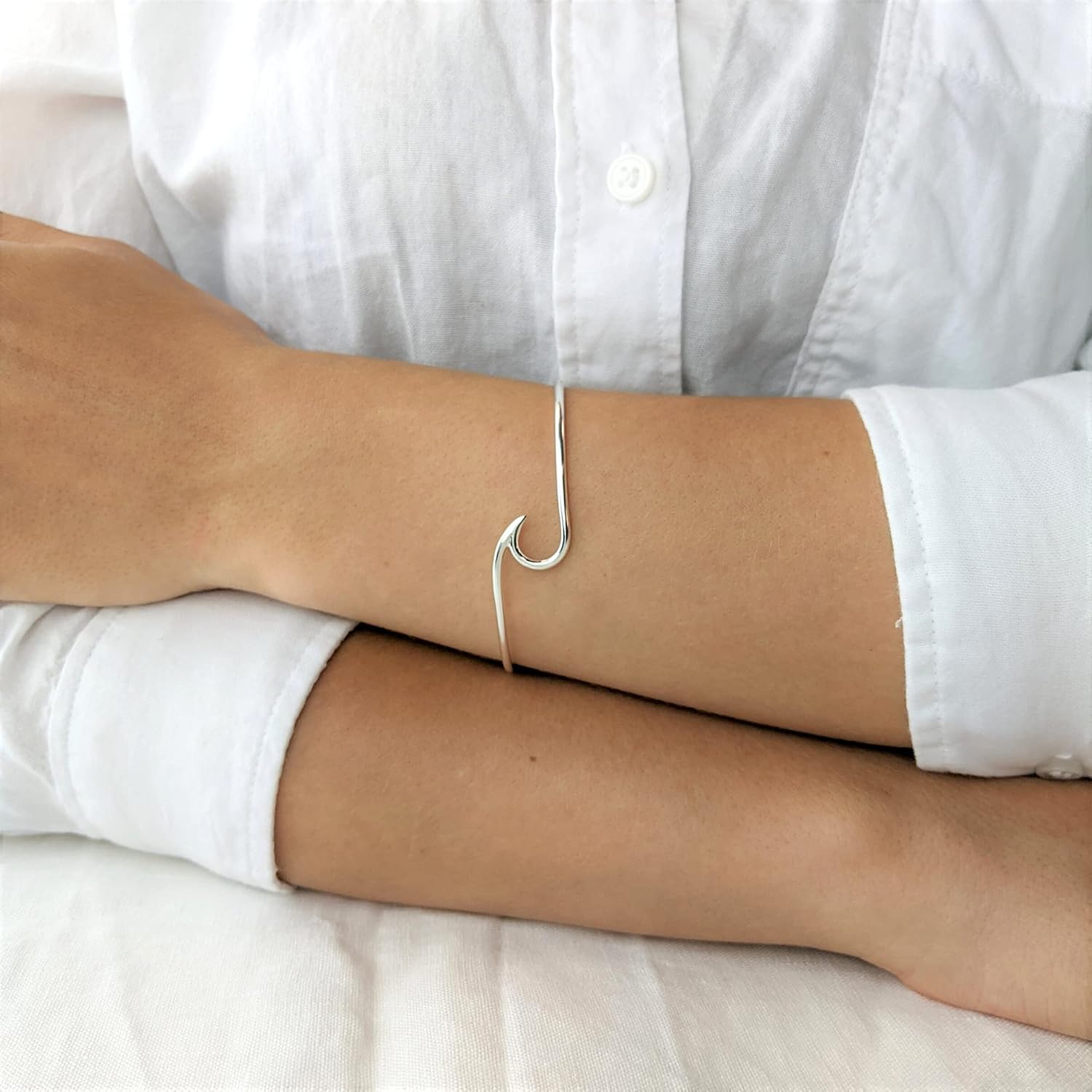 Silverly Ocean Wave Thin Solid Silver Bangle - Beach Inspired Sterling Silver Bracelet for Women - Wavy Silver Torque Bangle - Adjustable Cuff Bracelets for Daughter - Image 3