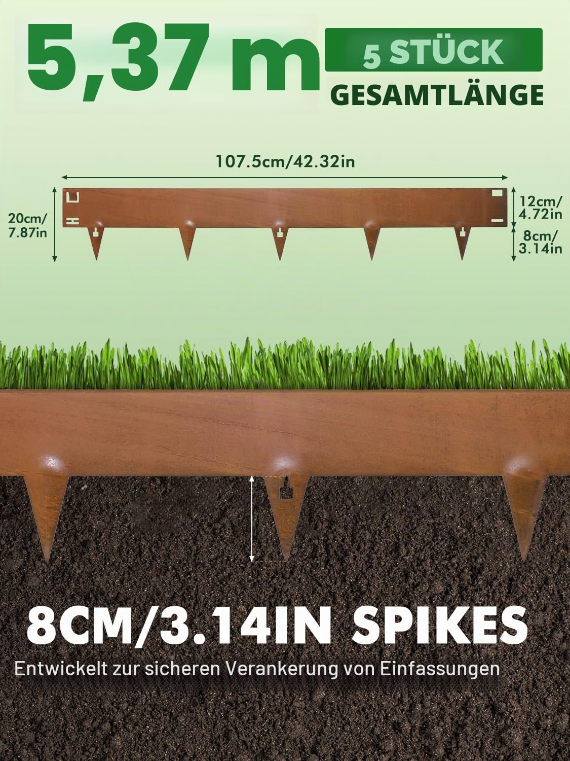Sararoom Rasenkanten Cortenstahl 20cm Hoch, Flexible Rasenkante, Beeteinfassung aus Metall, Beetbegrenzung, Landschaftskanten - 5er Beetumrandung Mähkante für Garten Hof Einfahrt (Gesamtlänge 5,37m)